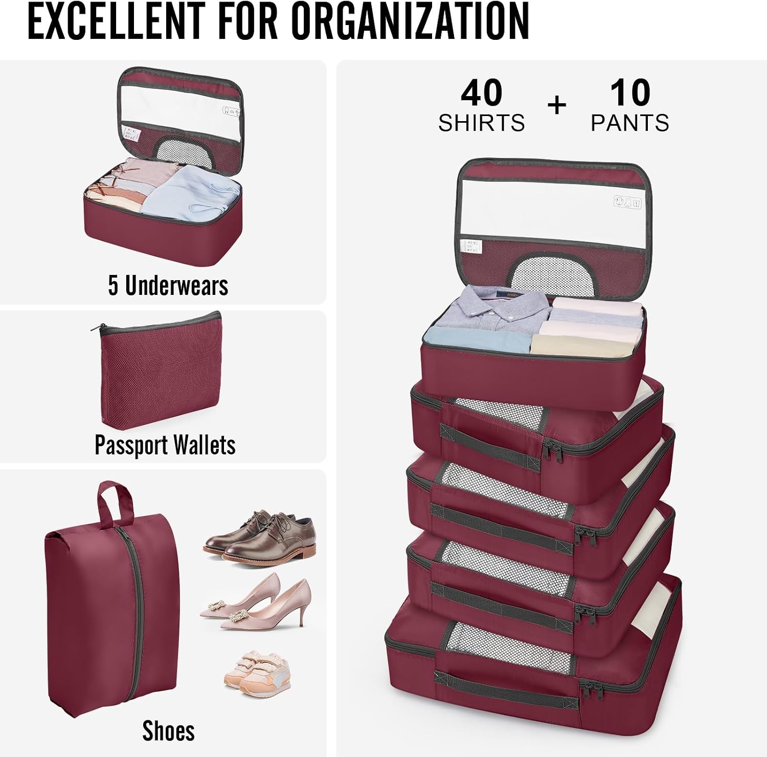 image:imageVeken 10 Set Packing Cubes for Travel Essentials Suitcase Organizer Bags in 4 Sizes CarryOn Luggage Accessories with Laundry Bag Airplane Must Have with 99Count Mesh Holes12 Wine Red