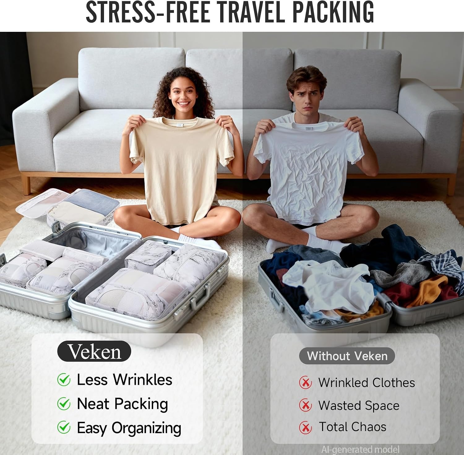 image:imageVeken 10 Set Packing Cubes for Travel Essentials Suitcase Organizer Bags in 4 Sizes CarryOn Luggage Accessories with Laundry Bag Airplane Must Have with 99Count Mesh Holes14 White Marble