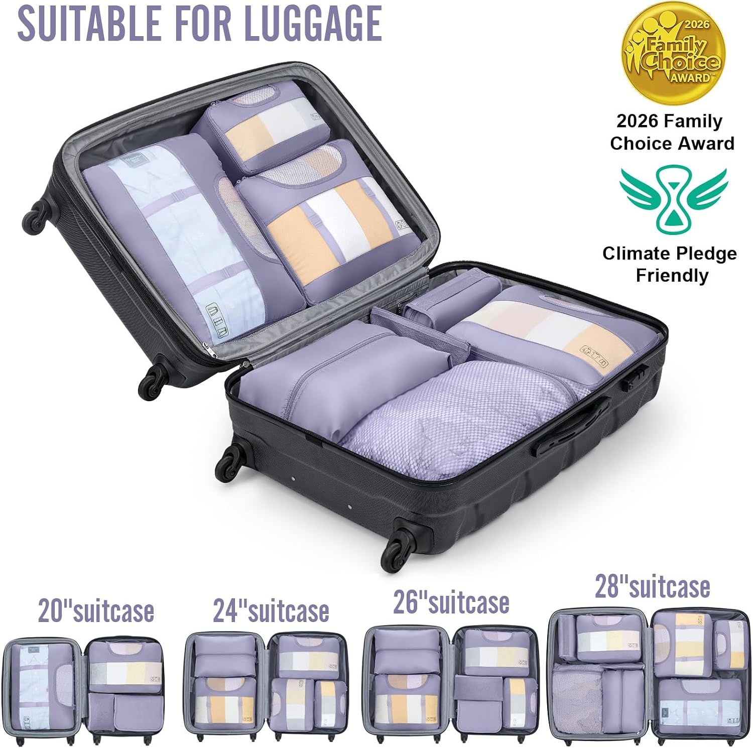 image:imageVeken 10 Set Packing Cubes for Travel Essentials Suitcase Organizer Bags in 4 Sizes CarryOn Luggage Accessories with Laundry Bag Airplane Must Have with 99Count Mesh Holes04 Purple Gray