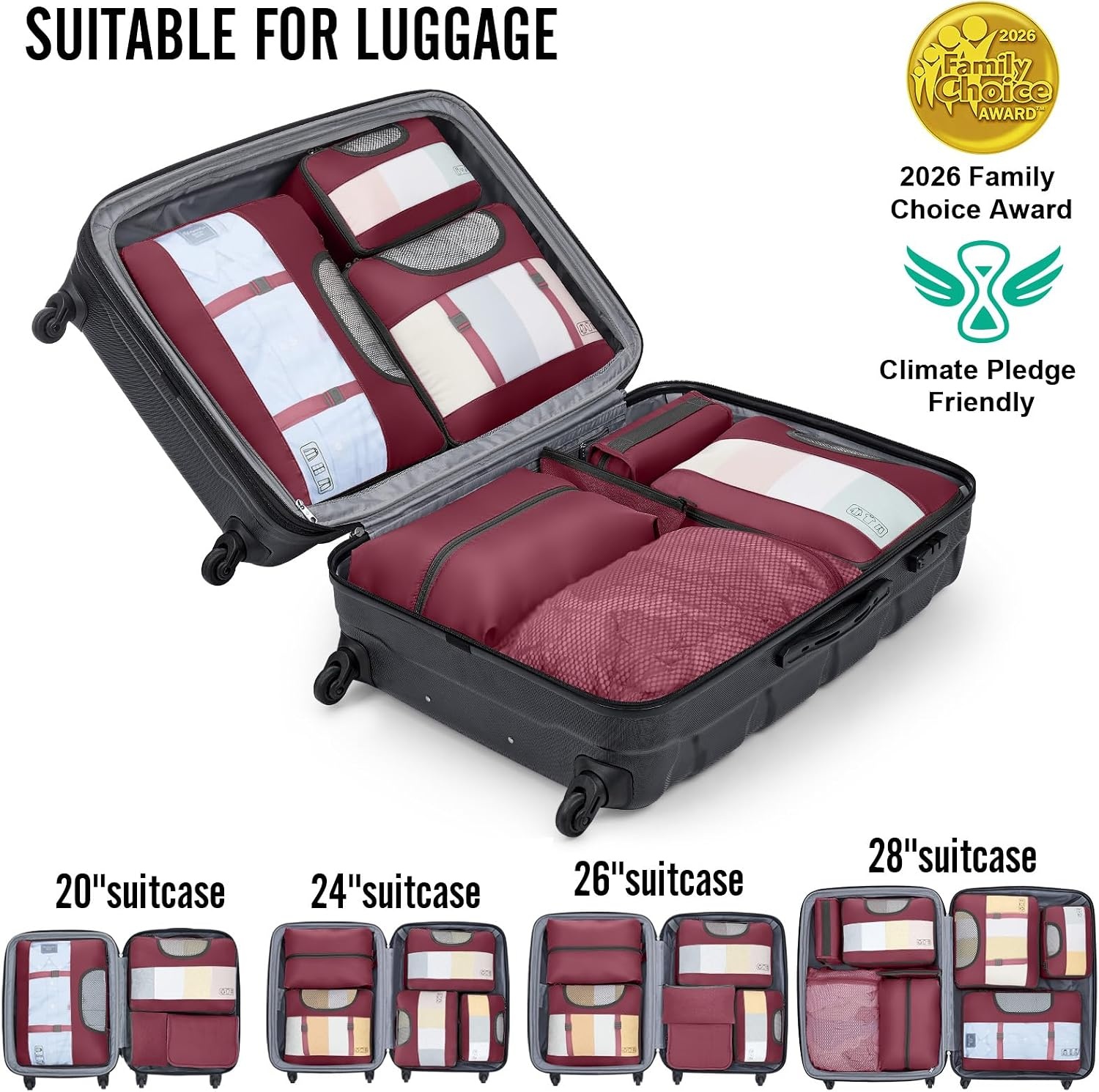 image:imageVeken 10 Set Packing Cubes for Travel Essentials Suitcase Organizer Bags in 4 Sizes CarryOn Luggage Accessories with Laundry Bag Airplane Must Have with 99Count Mesh Holes12 Wine Red