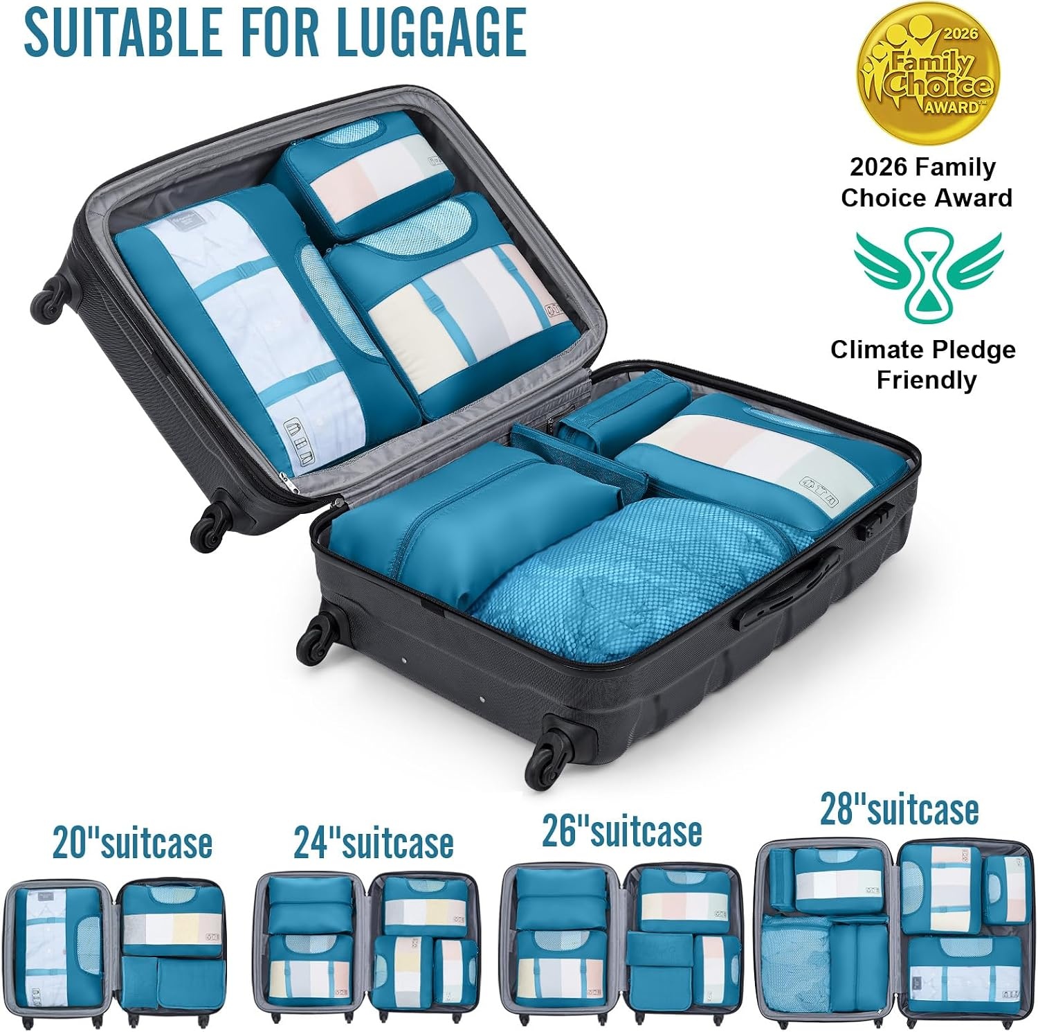 image:imageVeken 10 Set Packing Cubes for Travel Essentials Suitcase Organizer Bags in 4 Sizes CarryOn Luggage Accessories with Laundry Bag Airplane Must Have with 99Count Mesh Holes15 Ocean Blue