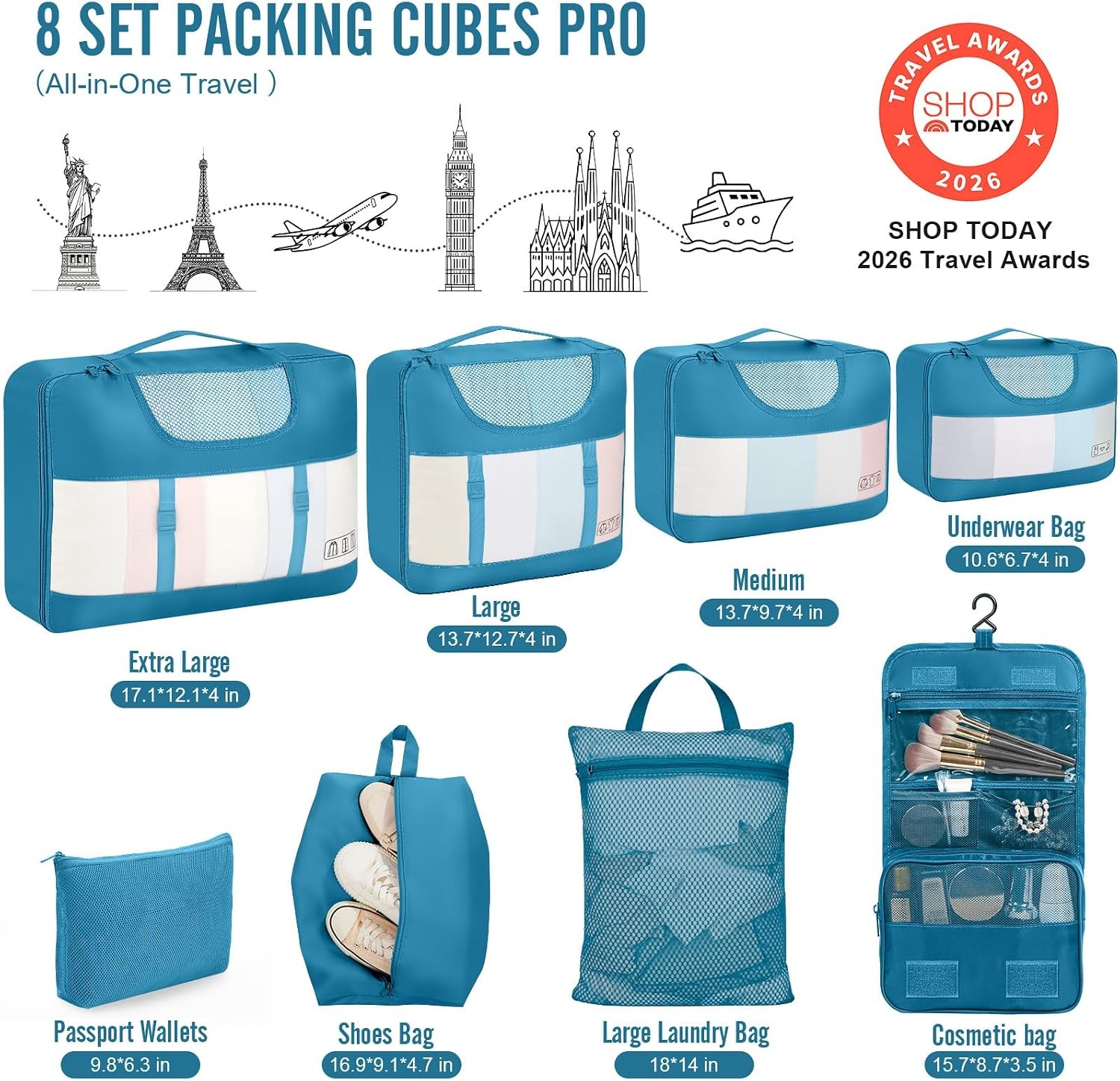 image:imageVeken 10 Set Packing Cubes for Travel Essentials Suitcase Organizer Bags in 4 Sizes CarryOn Luggage Accessories with Laundry Bag Airplane Must Have with 99Count Mesh Holes15 Ocean Blue