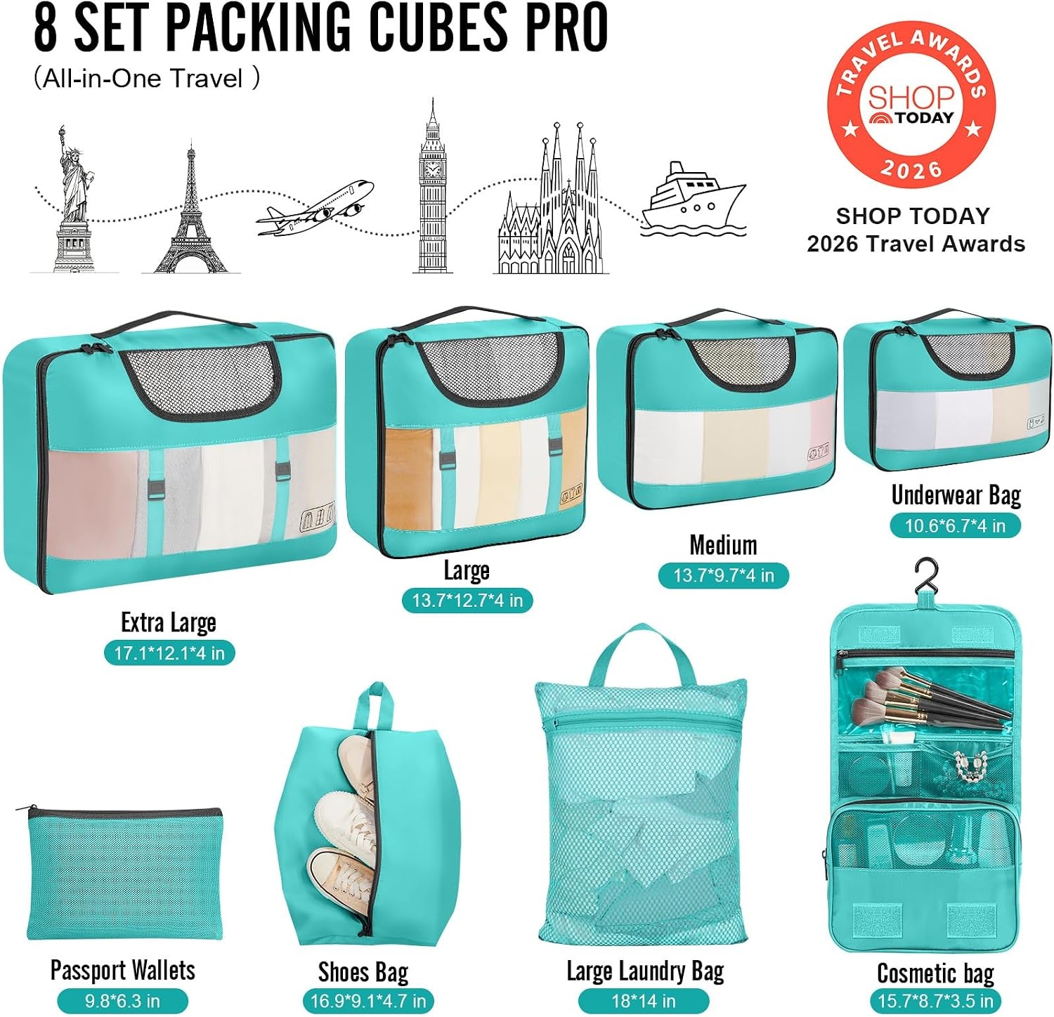 image:imageVeken 10 Set Packing Cubes for Travel Essentials Suitcase Organizer Bags in 4 Sizes CarryOn Luggage Accessories with Laundry Bag Airplane Must Have with 99Count Mesh HolesTeal
