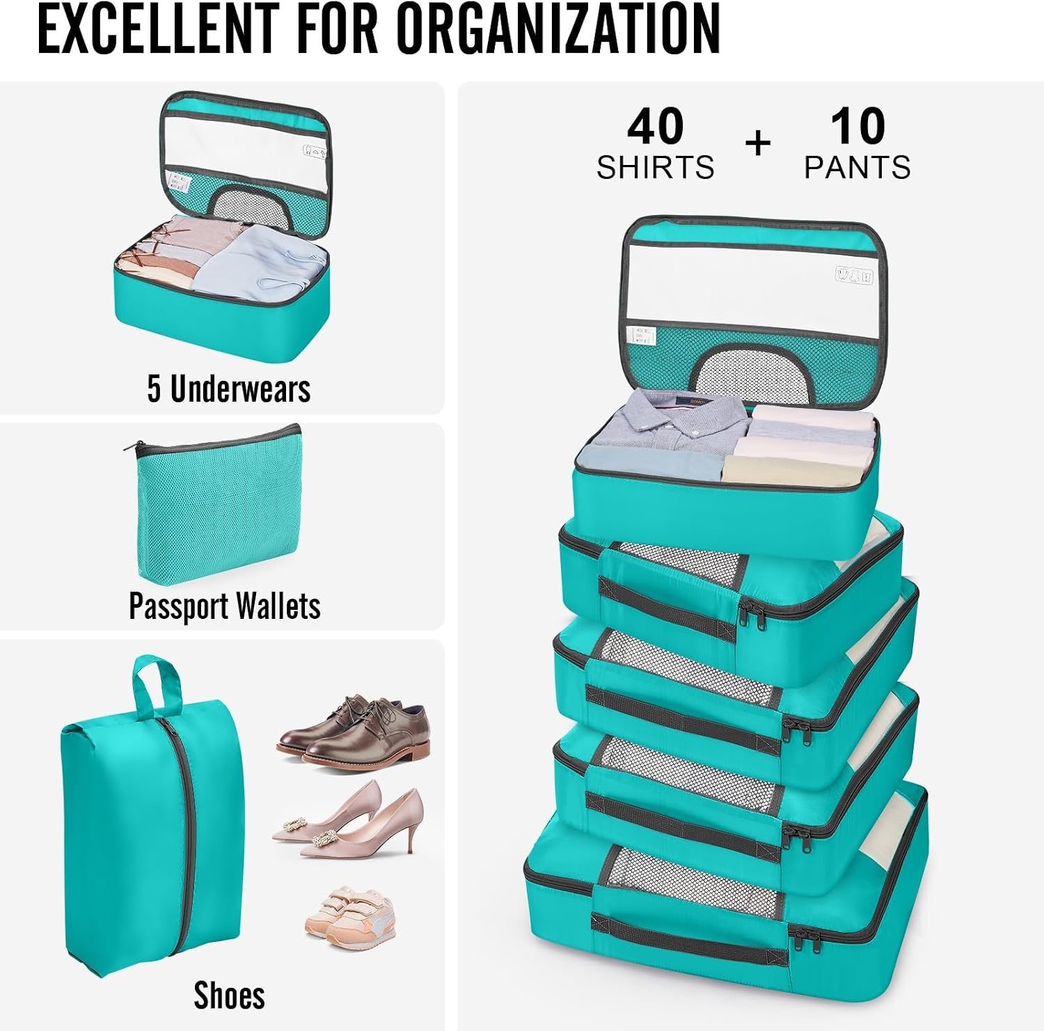 image:imageVeken 10 Set Packing Cubes for Travel Essentials Suitcase Organizer Bags in 4 Sizes CarryOn Luggage Accessories with Laundry Bag Airplane Must Have with 99Count Mesh Holes10 Teal