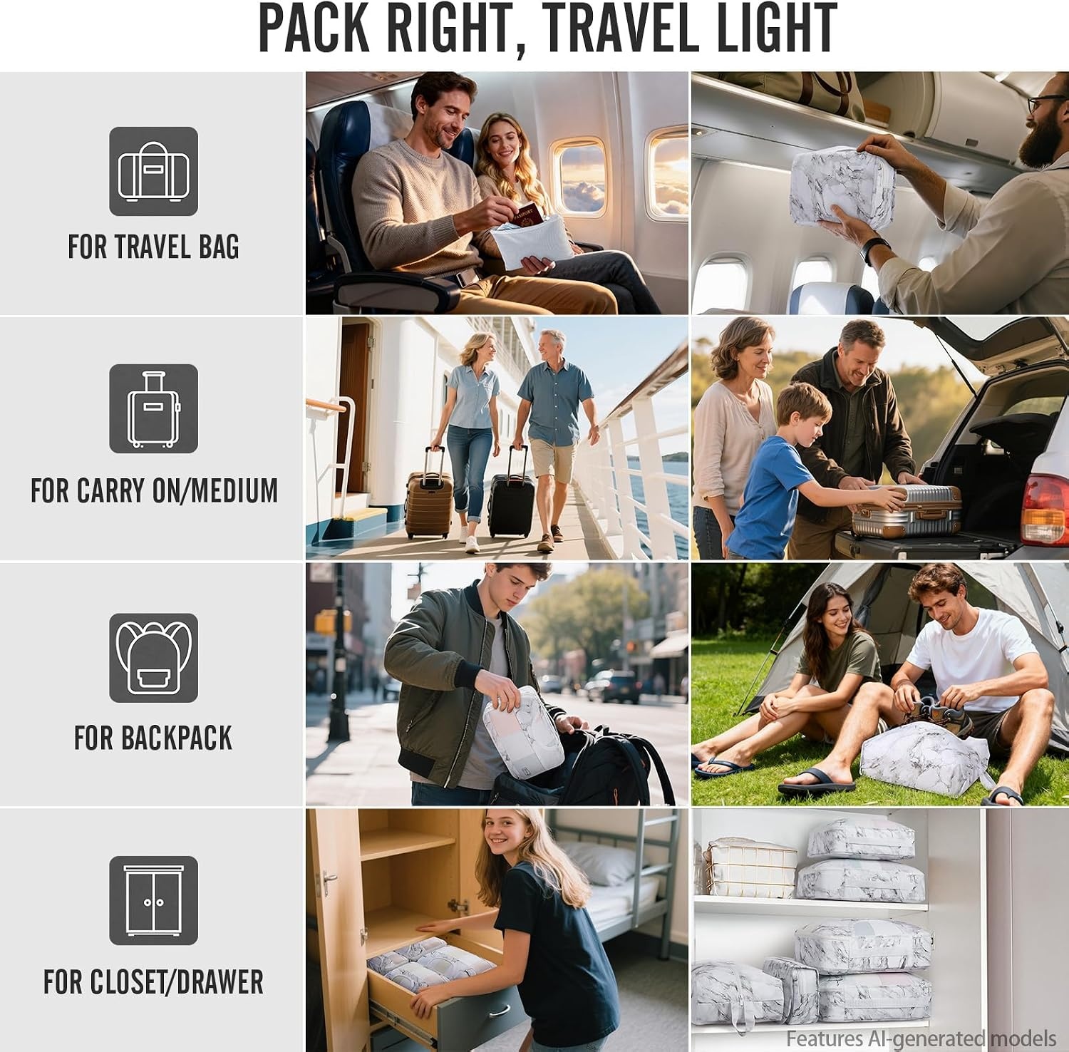 image:imageVeken 10 Set Packing Cubes for Travel Essentials Suitcase Organizer Bags in 4 Sizes CarryOn Luggage Accessories with Laundry Bag Airplane Must Have with 99Count Mesh Holes14 White Marble