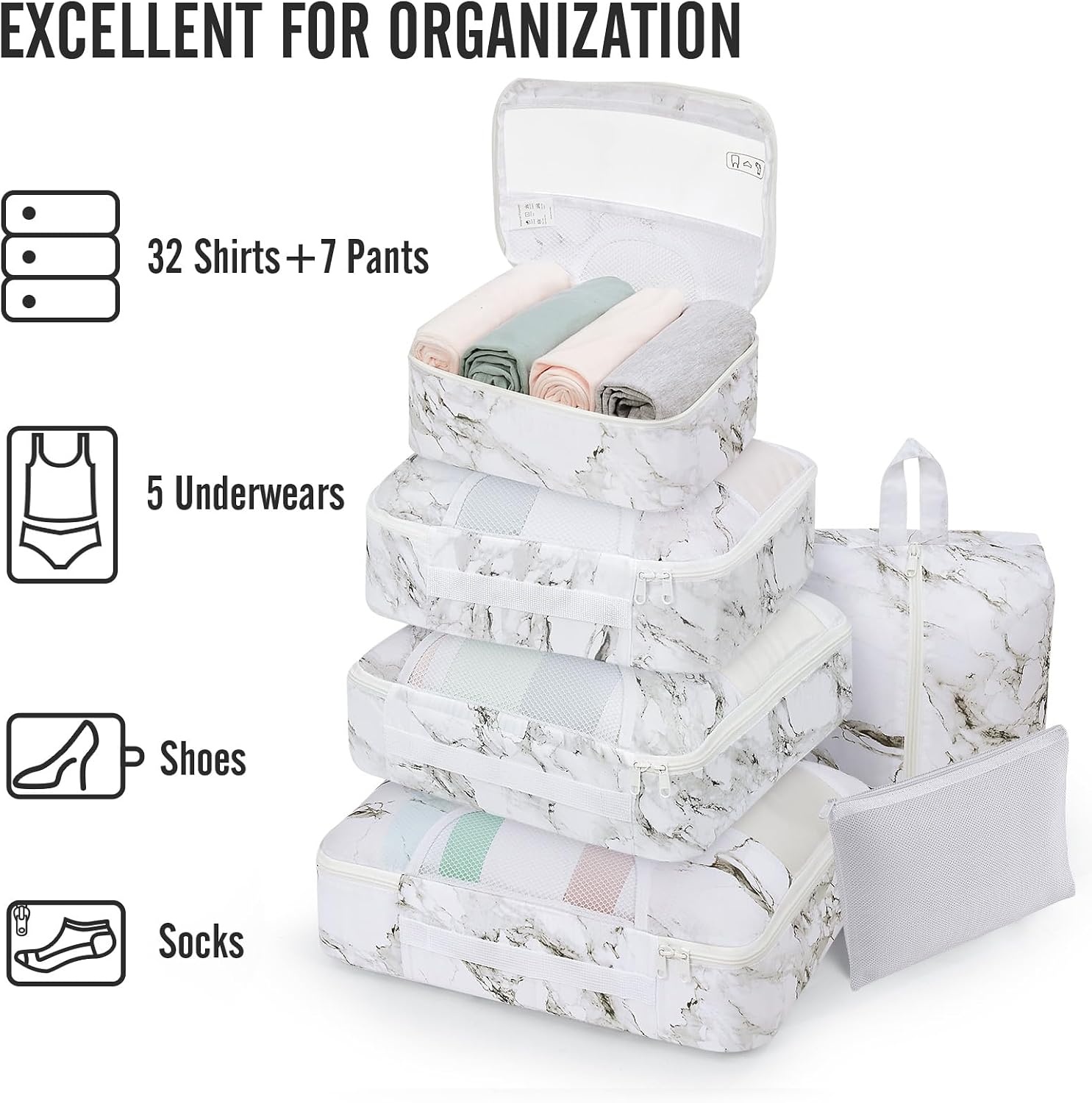 image:imageVeken 10 Set Packing Cubes for Travel Essentials Suitcase Organizer Bags in 4 Sizes CarryOn Luggage Accessories with Laundry Bag Airplane Must Have with 99Count Mesh Holes14 White Marble