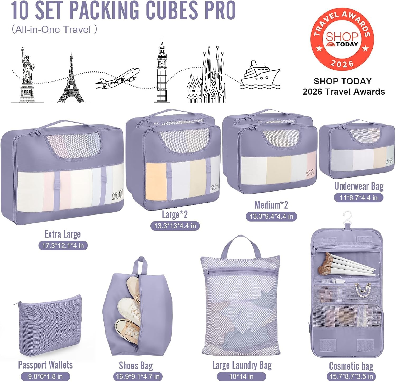 image:imageVeken 10 Set Packing Cubes for Travel Essentials Suitcase Organizer Bags in 4 Sizes CarryOn Luggage Accessories with Laundry Bag Airplane Must Have with 99Count Mesh Holes04 Purple Gray