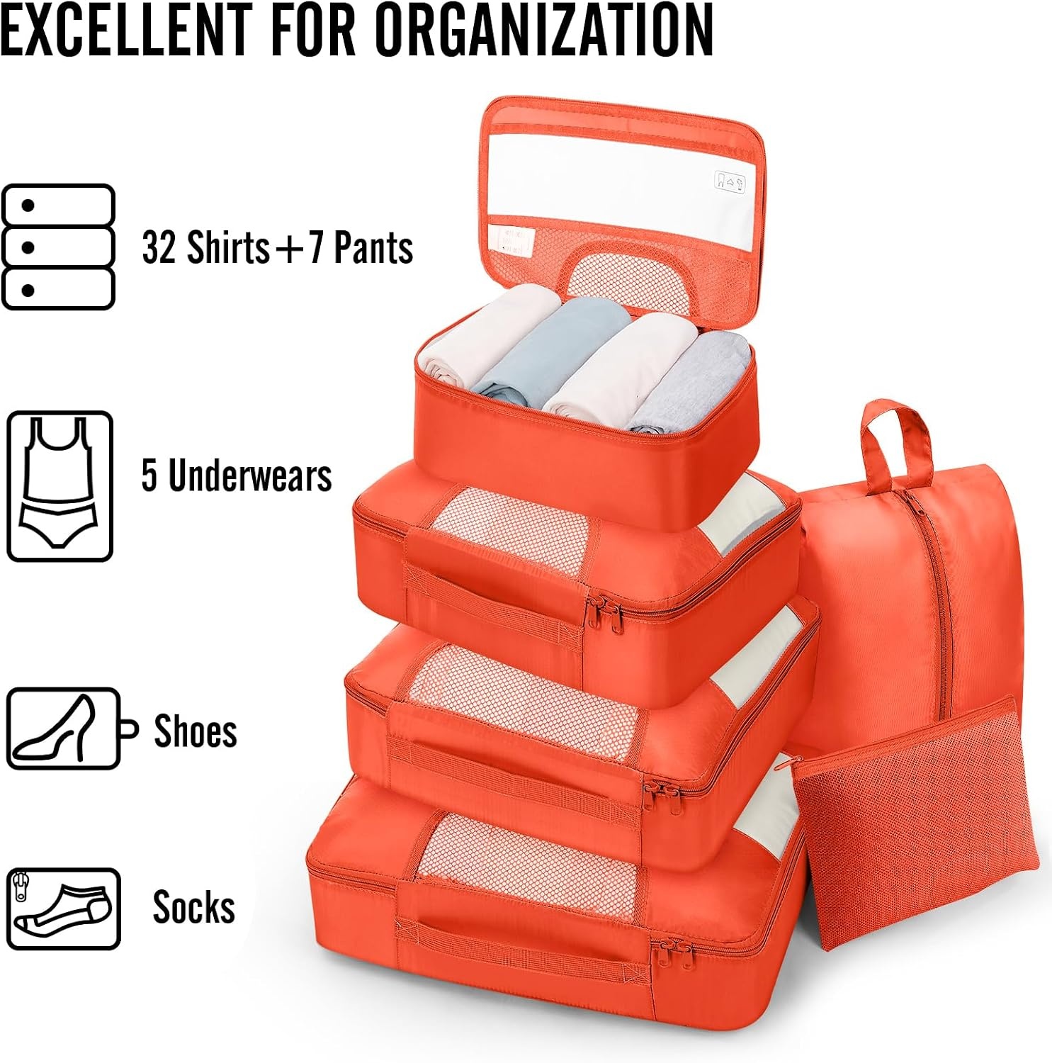 image:imageVeken 10 Set Packing Cubes for Travel Essentials Suitcase Organizer Bags in 4 Sizes CarryOn Luggage Accessories with Laundry Bag Airplane Must Have with 99Count Mesh Holes13 Orange