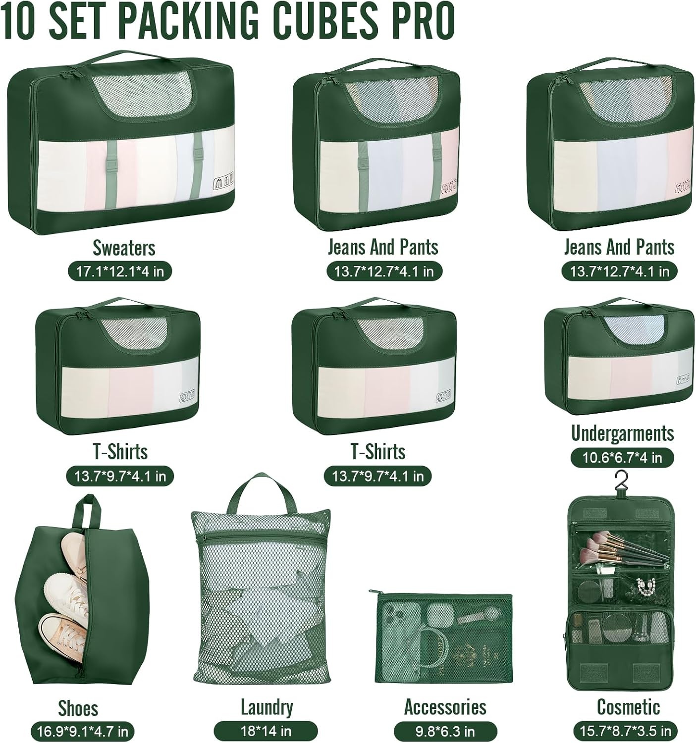 image:imageVeken 10 Set Packing Cubes for Travel Essentials Suitcase Organizer Bags in 4 Sizes CarryOn Luggage Accessories with Laundry Bag Airplane Must Have with 99Count Mesh Holes11 Jungle Green