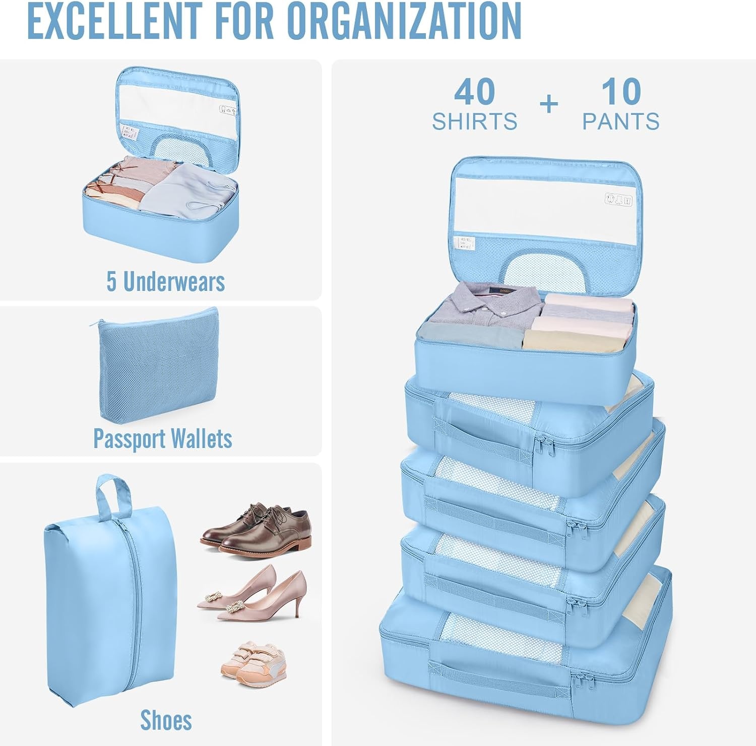 image:imageVeken 10 Set Packing Cubes for Travel Essentials Suitcase Organizer Bags in 4 Sizes CarryOn Luggage Accessories with Laundry Bag Airplane Must Have with 99Count Mesh Holes06 Starlight Bluen