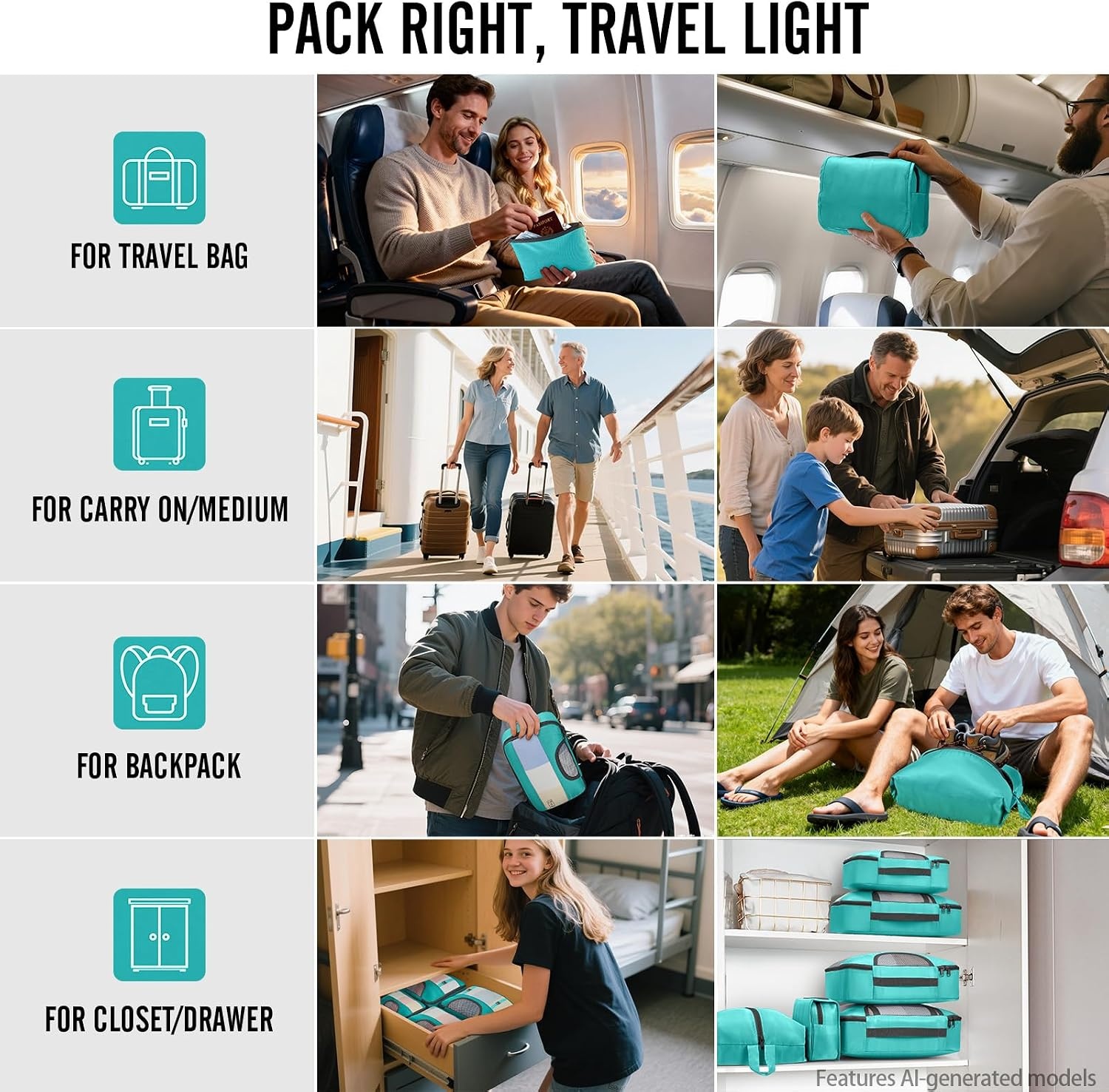 image:imageVeken 10 Set Packing Cubes for Travel Essentials Suitcase Organizer Bags in 4 Sizes CarryOn Luggage Accessories with Laundry Bag Airplane Must Have with 99Count Mesh HolesTeal