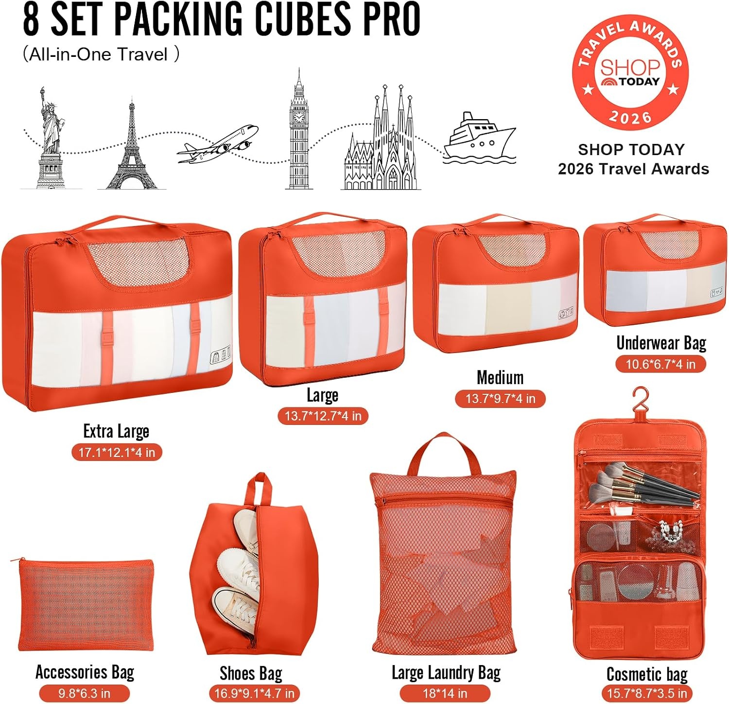 image:imageVeken 10 Set Packing Cubes for Travel Essentials Suitcase Organizer Bags in 4 Sizes CarryOn Luggage Accessories with Laundry Bag Airplane Must Have with 99Count Mesh Holes13 Orange