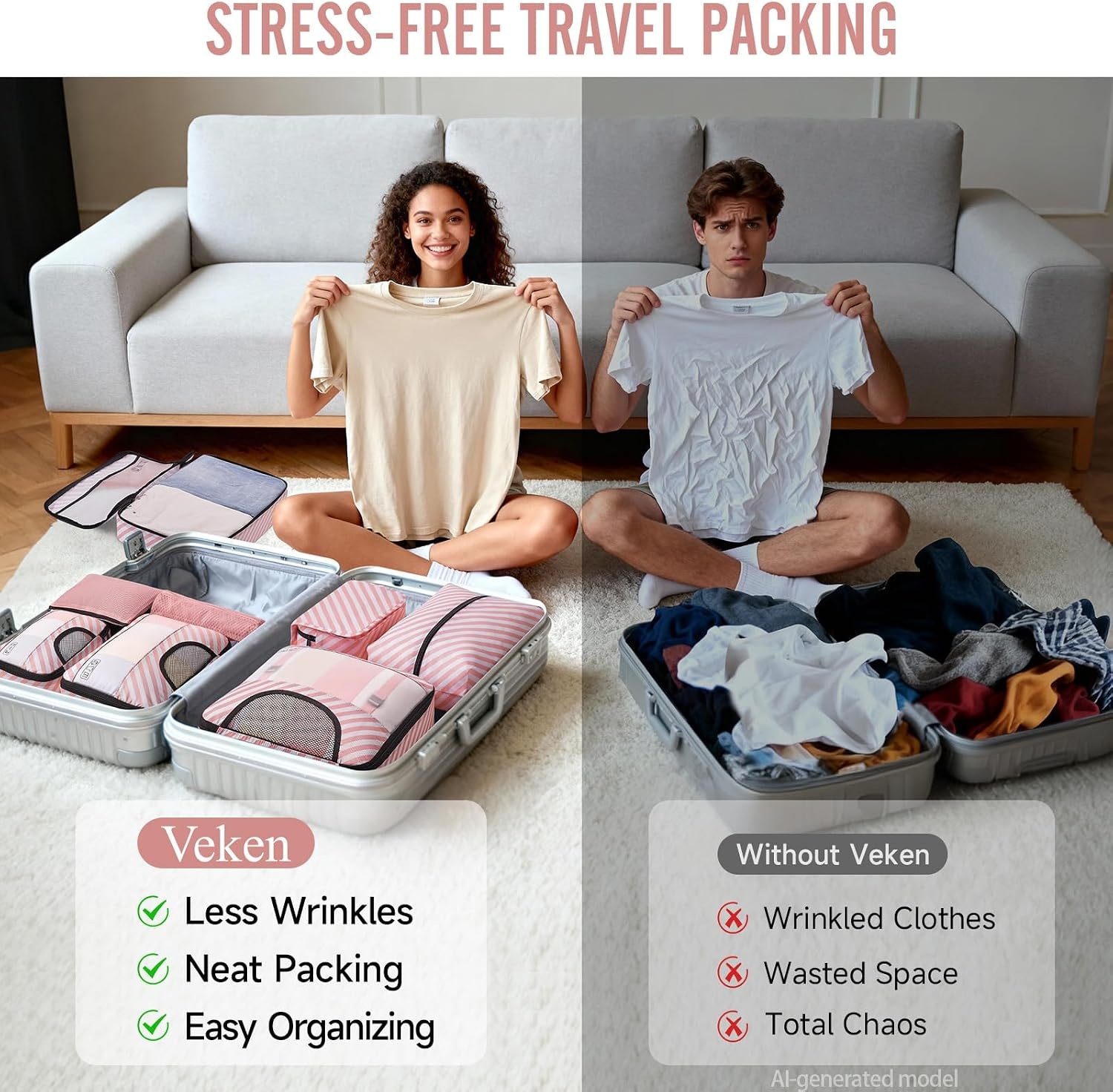image:imageVeken 10 Set Packing Cubes for Travel Essentials Suitcase Organizer Bags in 4 Sizes CarryOn Luggage Accessories with Laundry Bag Airplane Must Have with 99Count Mesh Holes09 Pink Straps