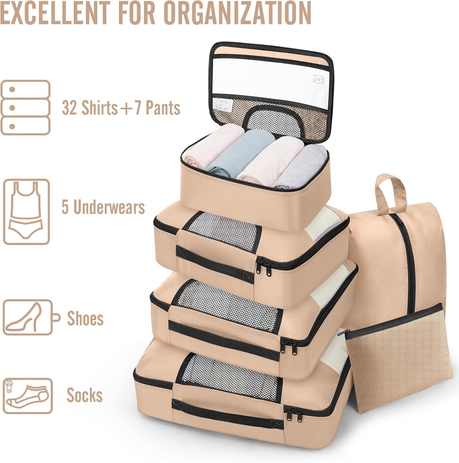 image:imageVeken 10 Set Packing Cubes for Travel Essentials Suitcase Organizer Bags in 4 Sizes CarryOn Luggage Accessories with Laundry Bag Airplane Must Have with 99Count Mesh Holes16 Gold