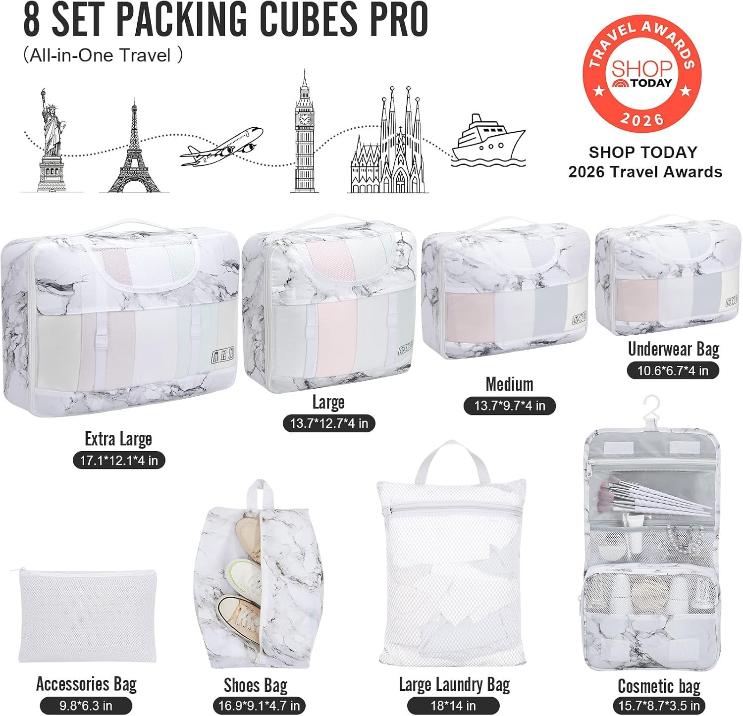 image:imageVeken 10 Set Packing Cubes for Travel Essentials Suitcase Organizer Bags in 4 Sizes CarryOn Luggage Accessories with Laundry Bag Airplane Must Have with 99Count Mesh Holes14 White Marble