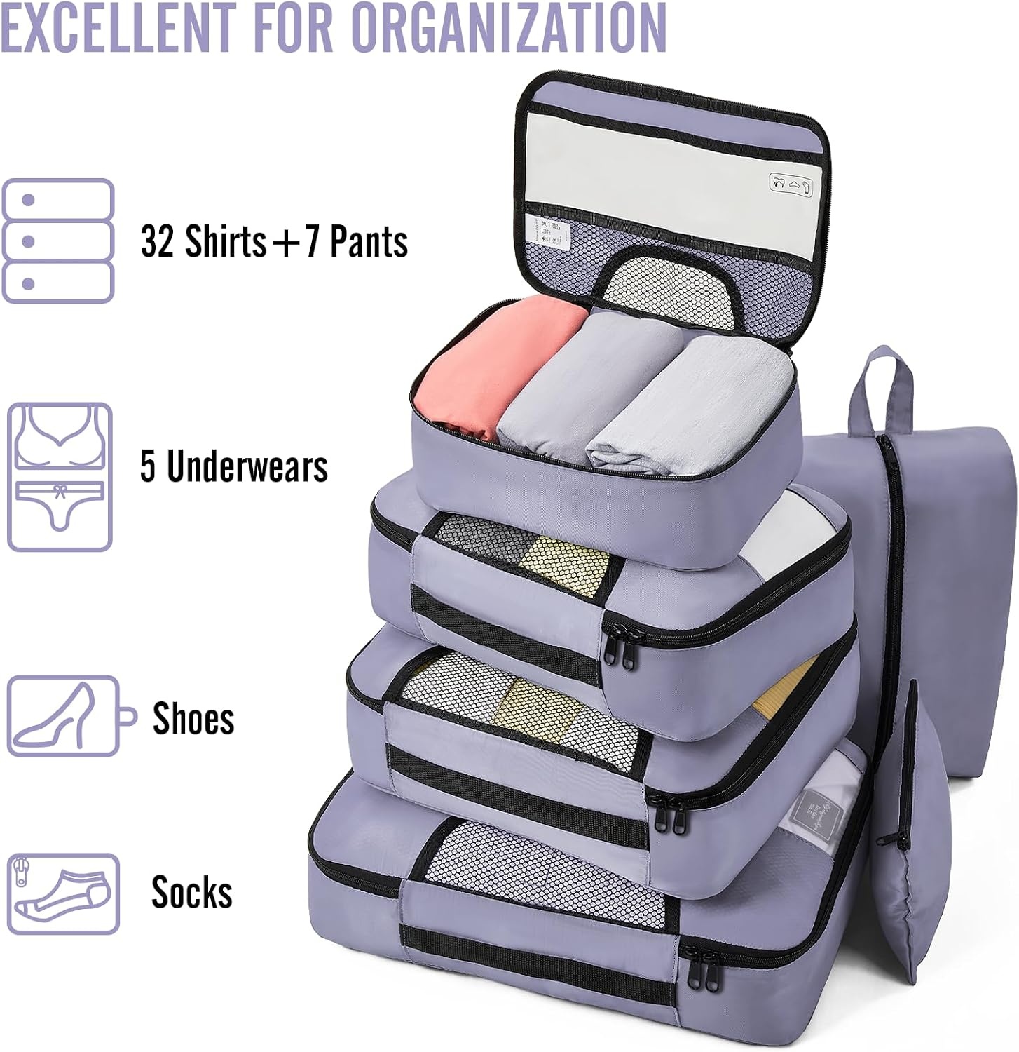 image:imageVeken 10 Set Packing Cubes for Travel Essentials Suitcase Organizer Bags in 4 Sizes CarryOn Luggage Accessories with Laundry Bag Airplane Must Have with 99Count Mesh Holes04 Purple Gray