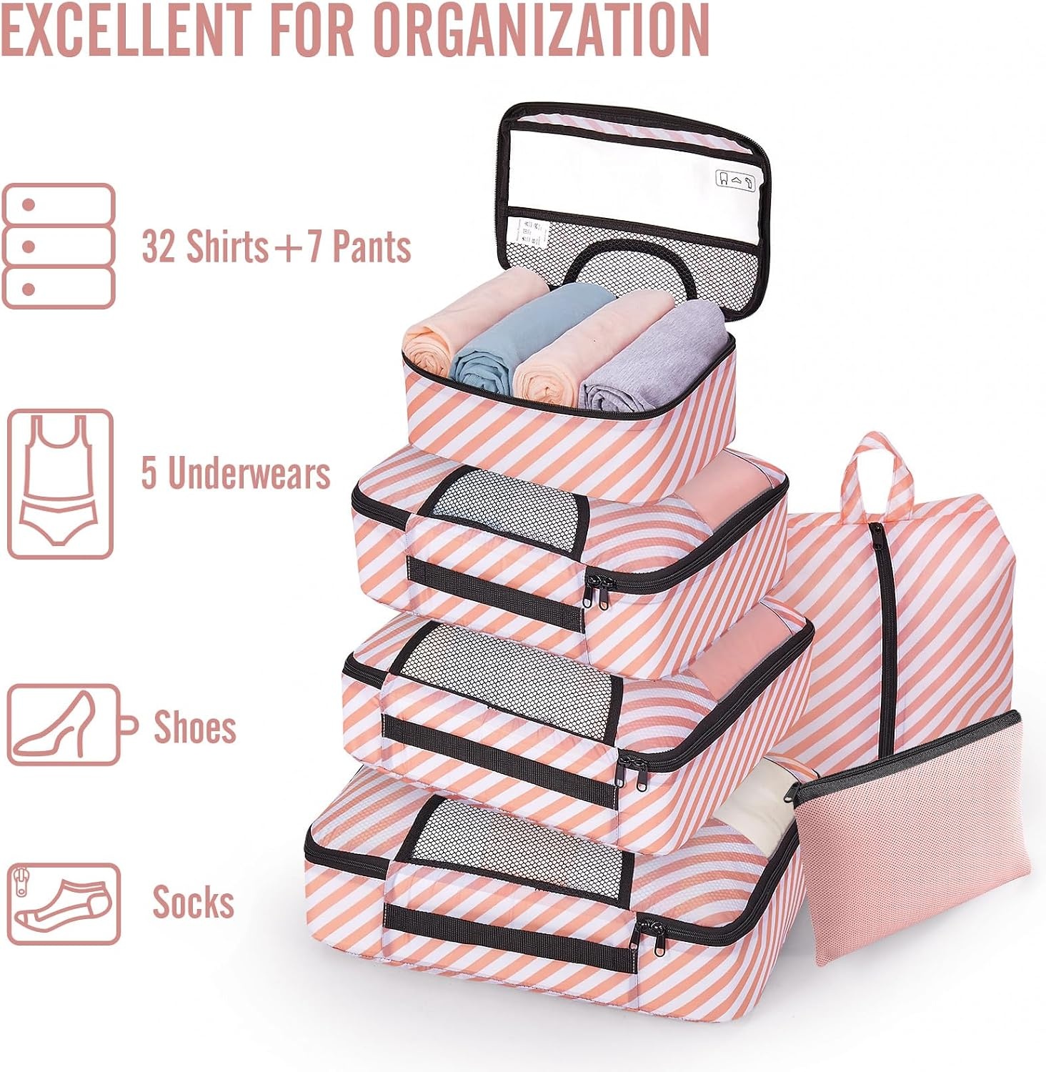 image:imageVeken 10 Set Packing Cubes for Travel Essentials Suitcase Organizer Bags in 4 Sizes CarryOn Luggage Accessories with Laundry Bag Airplane Must Have with 99Count Mesh Holes09 Pink Straps