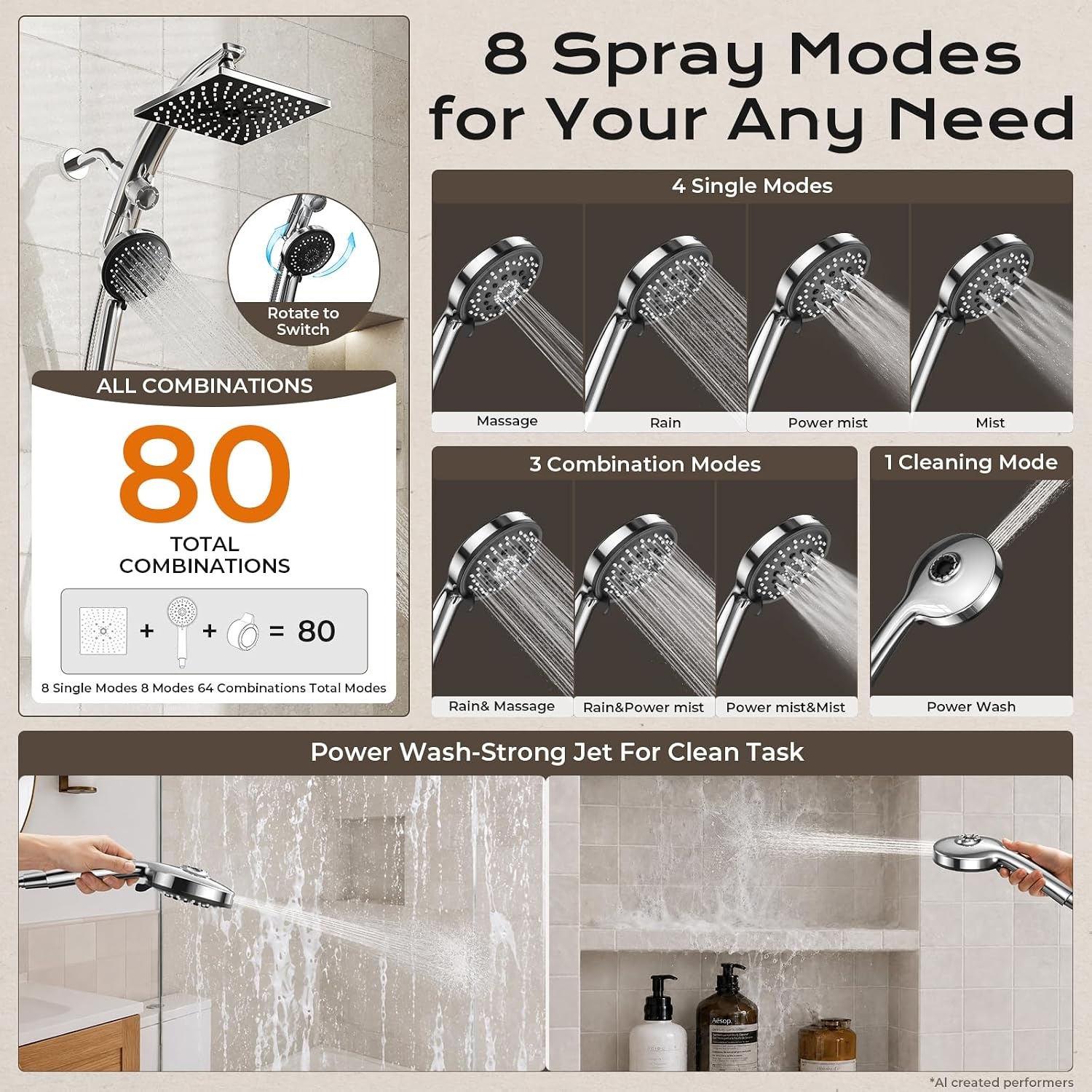 image:imageVeken 10 Square Shower Head with HandheldMultipatternPower JetMagneticChrome