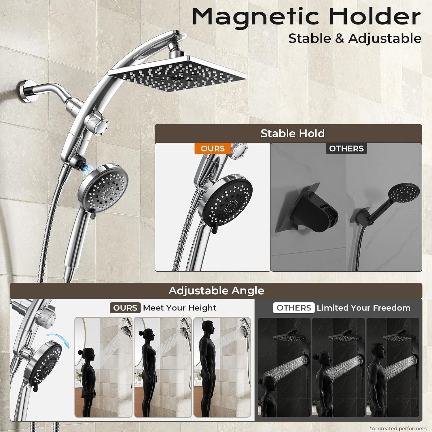 image:imageVeken 10 Square Shower Head with HandheldMultipatternPower JetMagneticChrome
