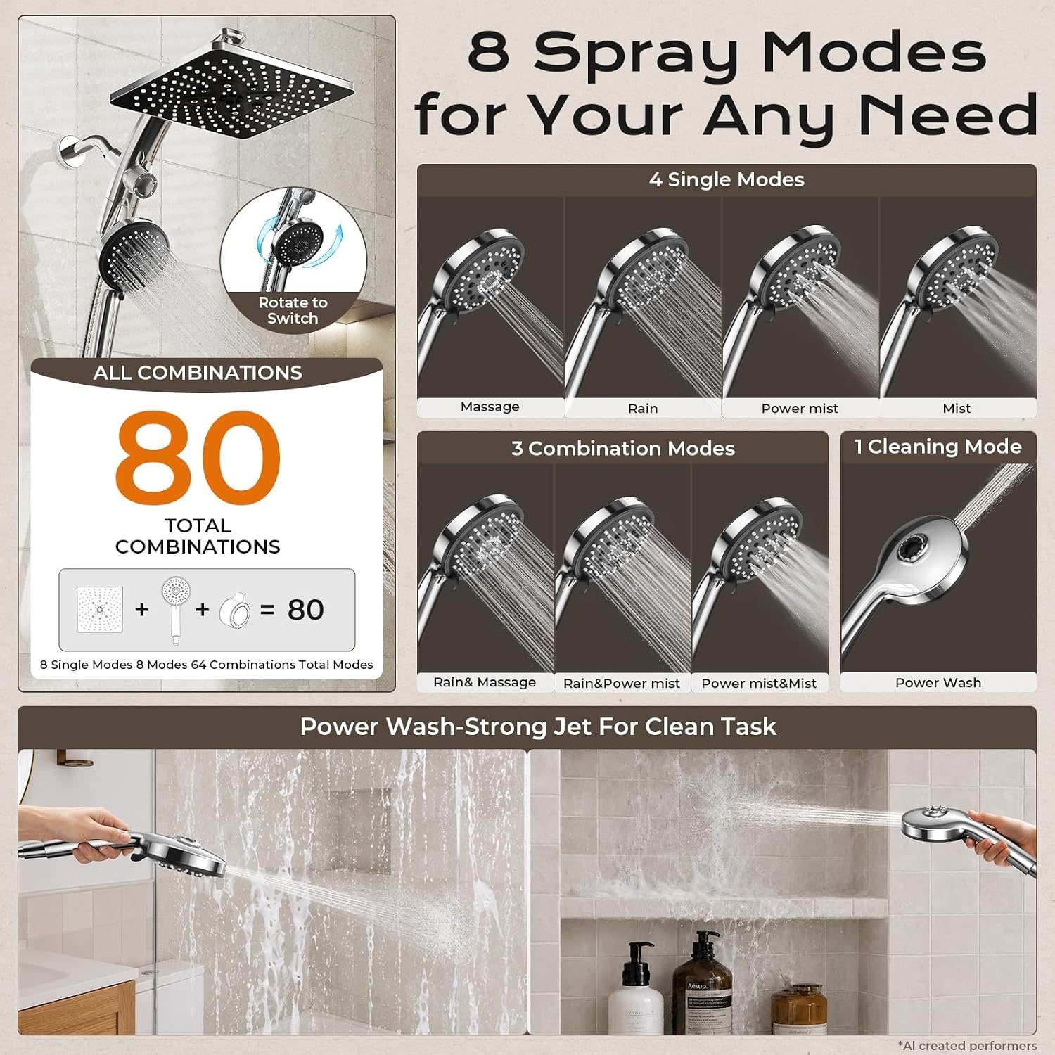 image:imageVeken 10 Square Shower Head with HandheldMultipatternPower JetMagneticChrome
