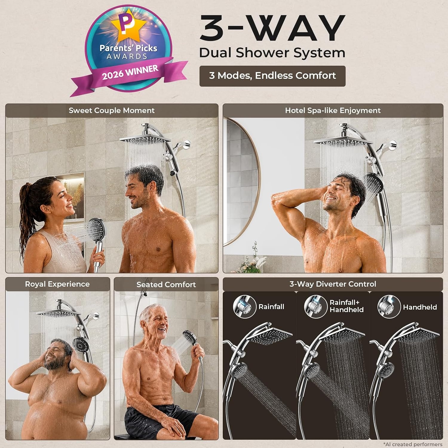 image:imageVeken 10 Square Shower Head with HandheldMultipatternPower JetMagneticChrome