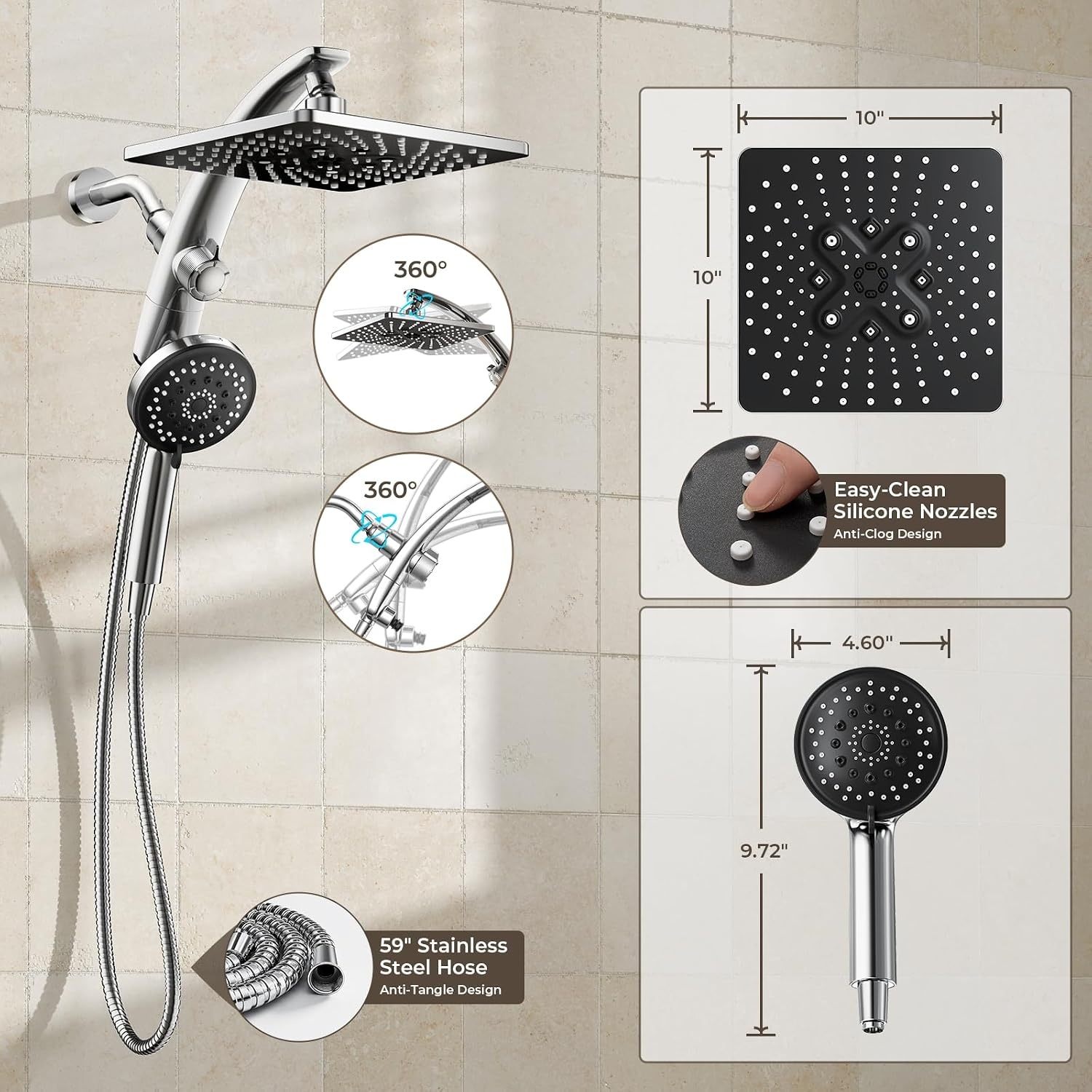 image:imageVeken 10 Square Shower Head with HandheldMultipatternPower JetMagneticChrome