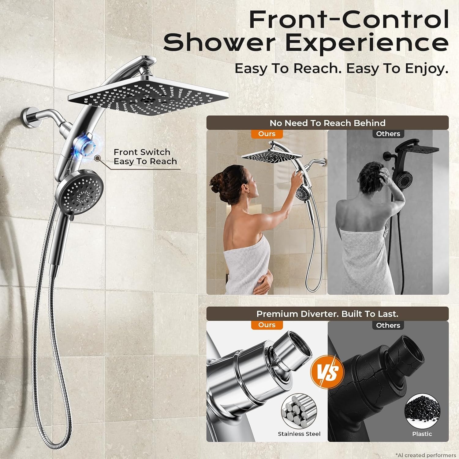 image:imageVeken 10 Square Shower Head with HandheldMultipatternPower JetMagneticChrome