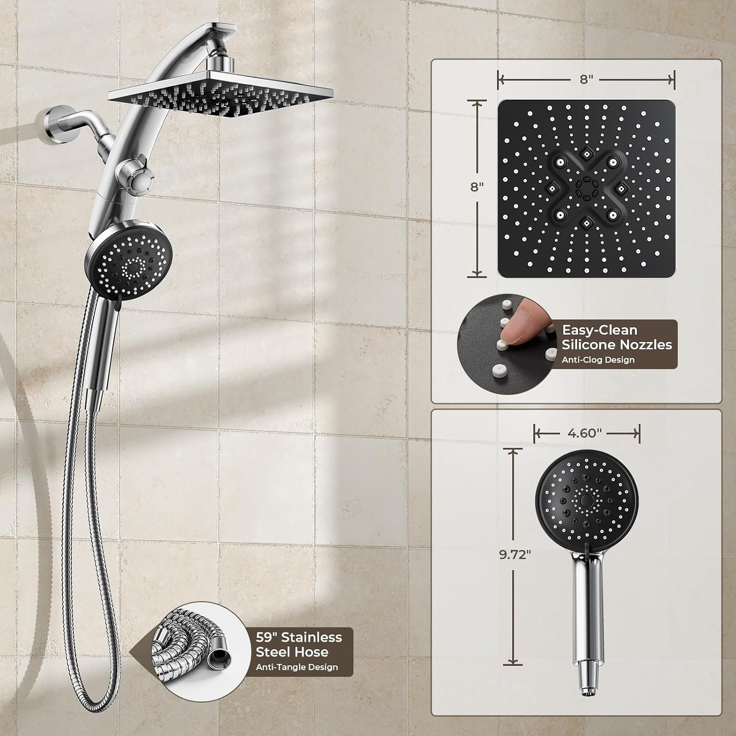 image:imageVeken 10 Square Shower Head with HandheldMultipatternPower JetMagneticChrome