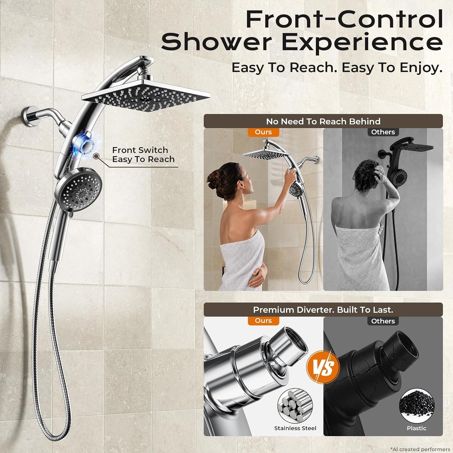 image:imageVeken 10 Square Shower Head with HandheldMultipatternPower JetMagneticChrome