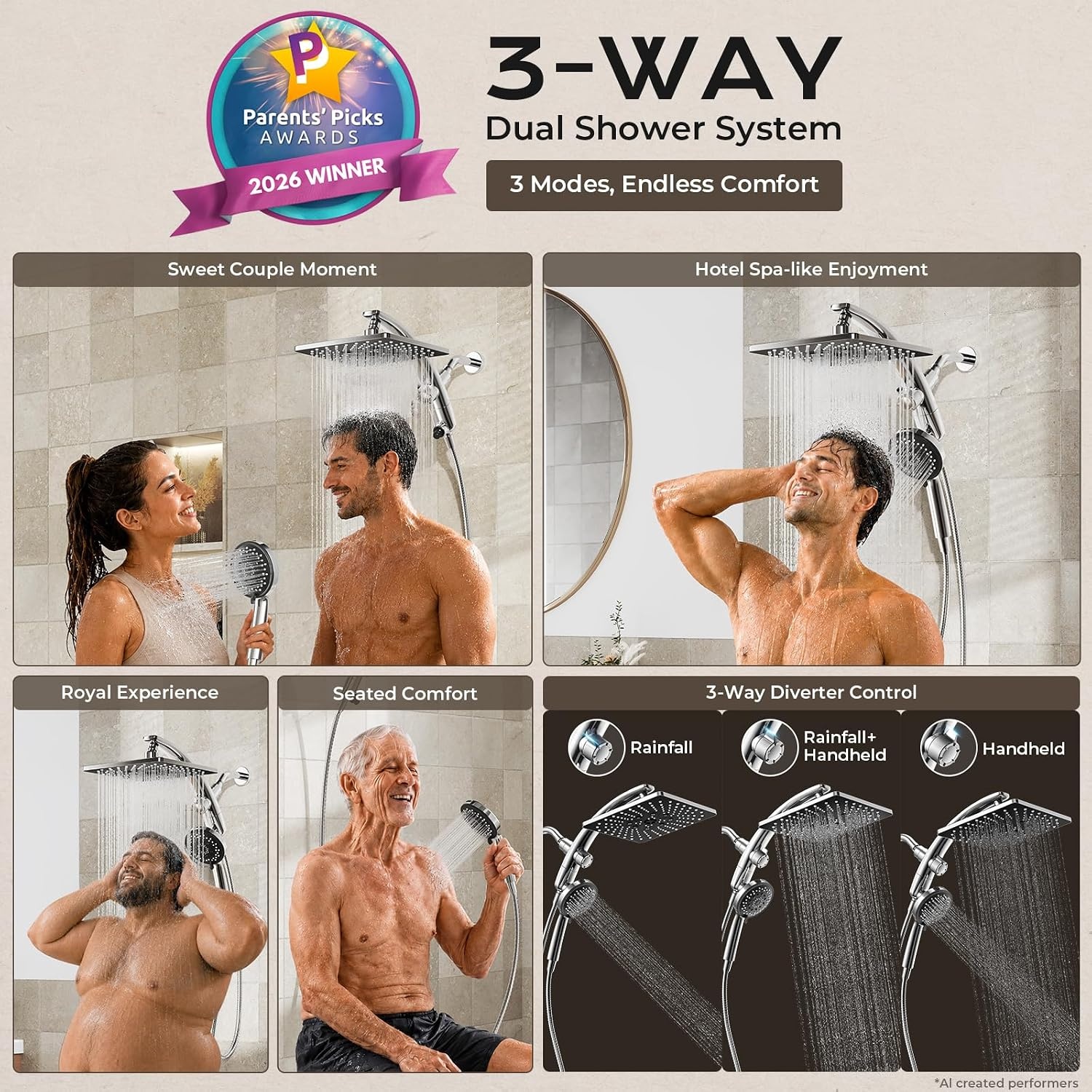 image:imageVeken 10 Square Shower Head with HandheldMultipatternPower JetMagneticChrome