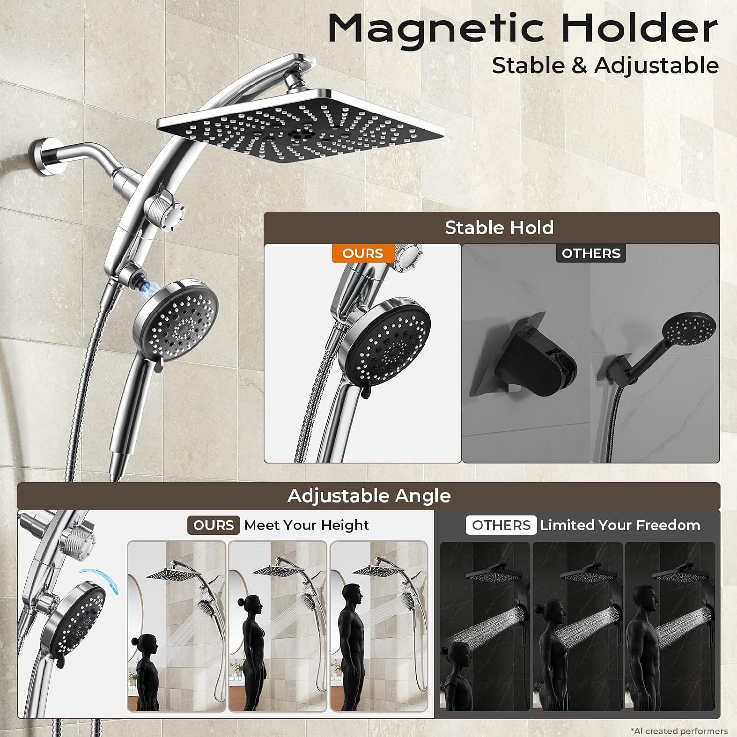 image:imageVeken 10 Square Shower Head with HandheldMultipatternPower JetMagneticChrome