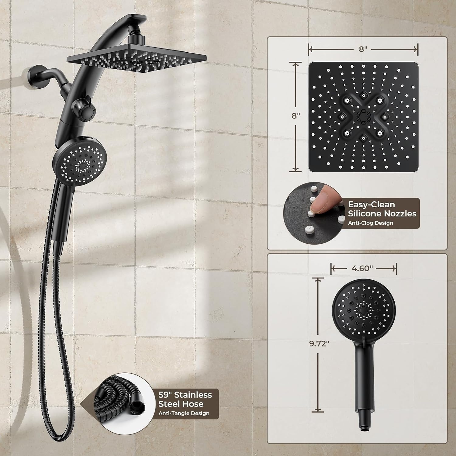 image:imageVeken 10 Square Shower Head with HandheldMultipatternPower JetMagneticMatte Black