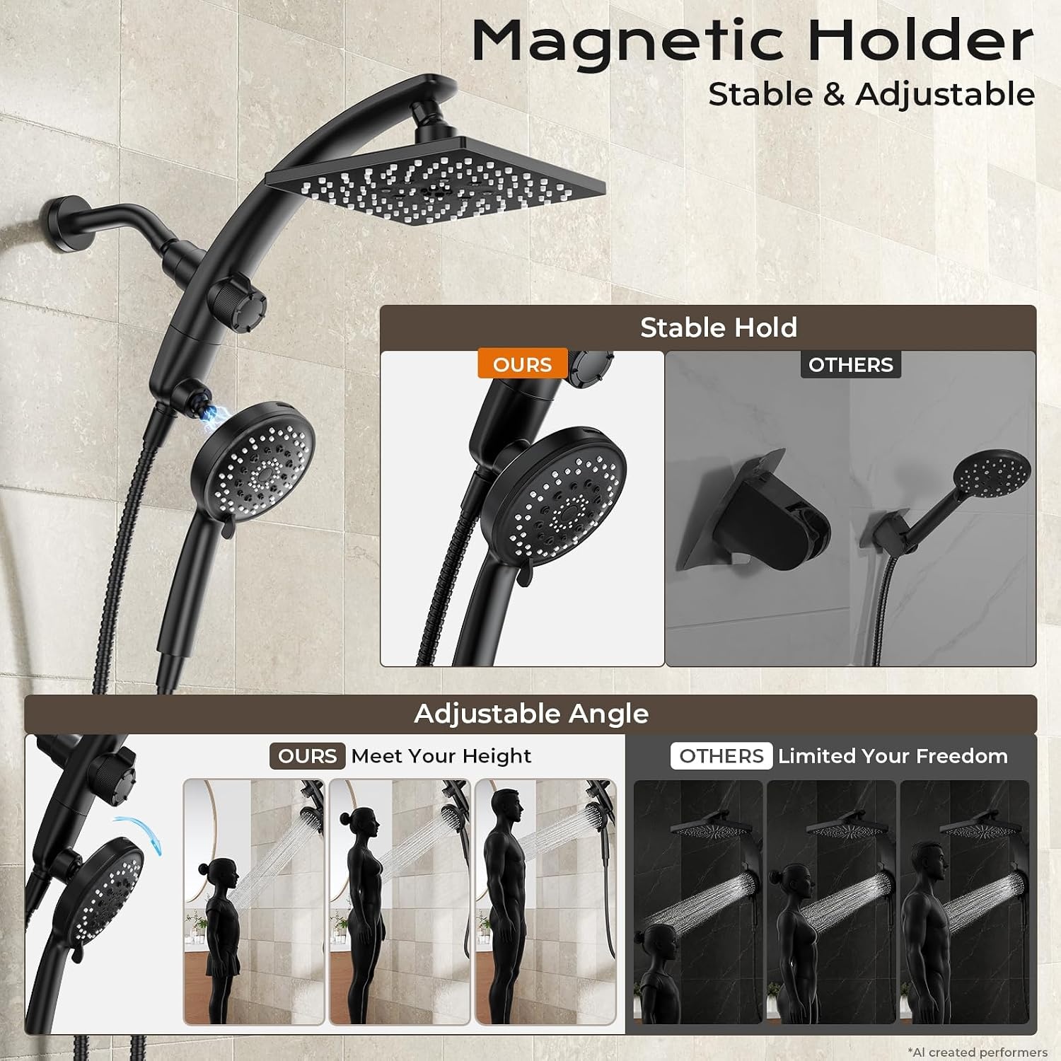image:imageVeken 10 Square Shower Head with HandheldMultipatternPower JetMagneticMatte Black