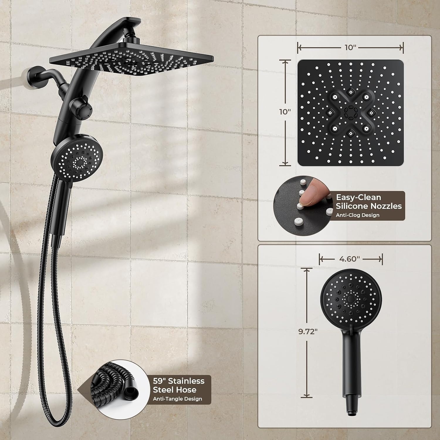image:imageVeken 10 Square Shower Head with HandheldMultipatternPower JetMagneticMatte Black