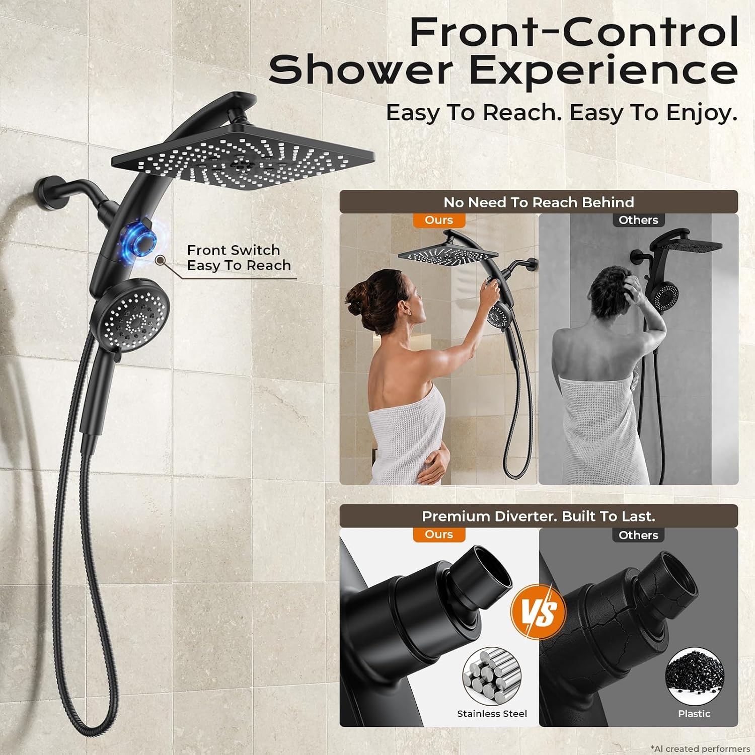 image:imageVeken 10 Square Shower Head with HandheldMultipatternPower JetMagneticMatte Black