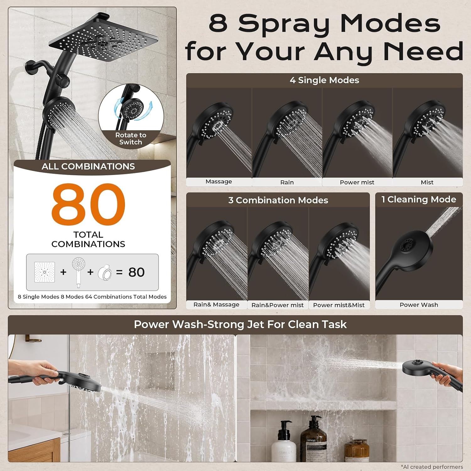 image:imageVeken 10 Square Shower Head with HandheldMultipatternPower JetMagneticMatte Black