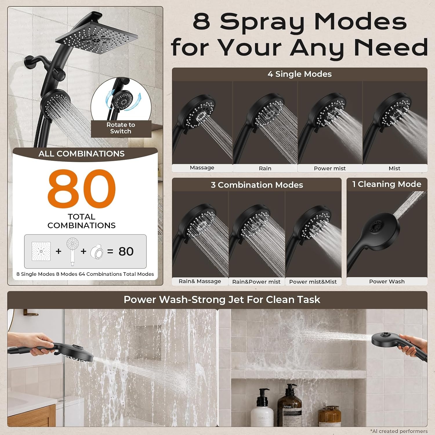 image:imageVeken 10 Square Shower Head with HandheldMultipatternPower JetMagneticMatte Black