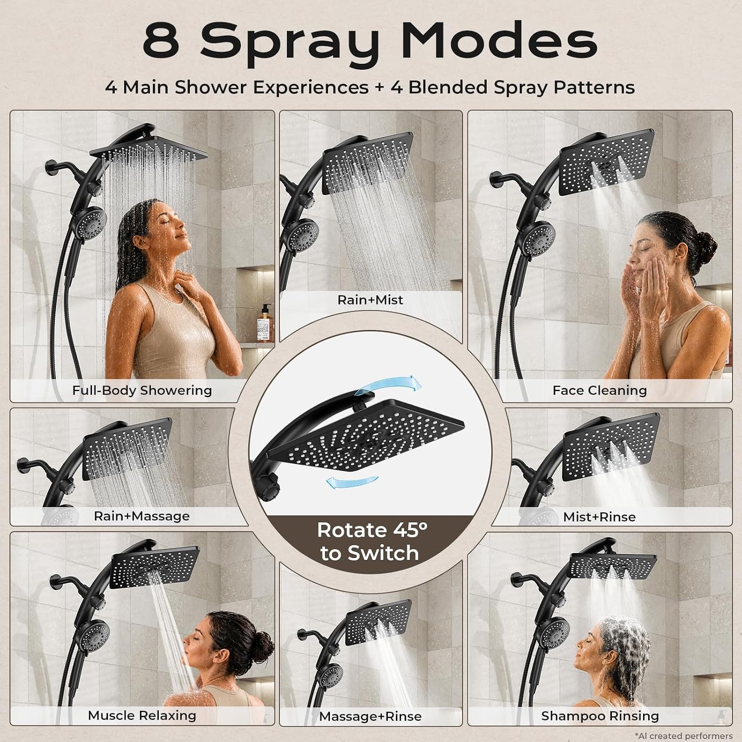image:imageVeken 10 Square Shower Head with HandheldMultipatternPower JetMagneticMatte Black