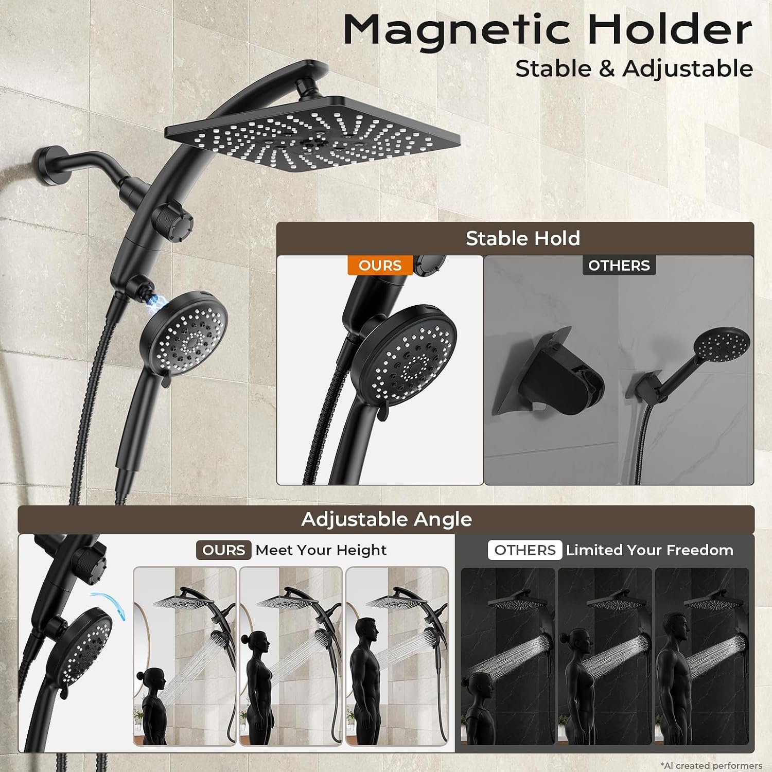image:imageVeken 10 Square Shower Head with HandheldMultipatternPower JetMagneticMatte Black