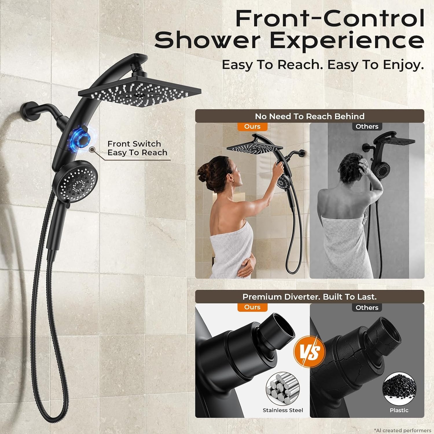 image:imageVeken 10 Square Shower Head with HandheldMultipatternPower JetMagneticMatte Black