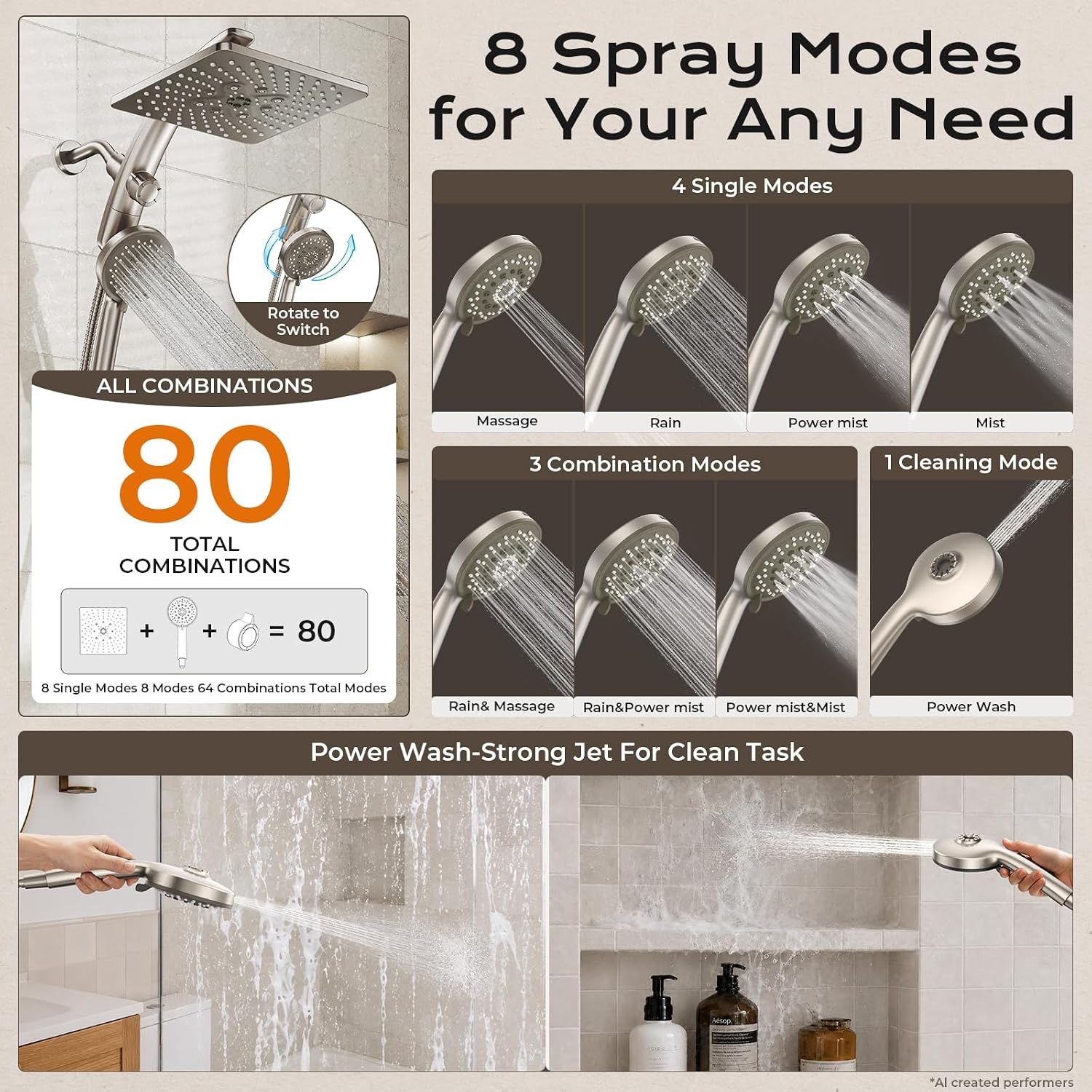 image:imageVeken 10 Square Shower Head with HandheldMultipatternPower JetMagneticStarlight
