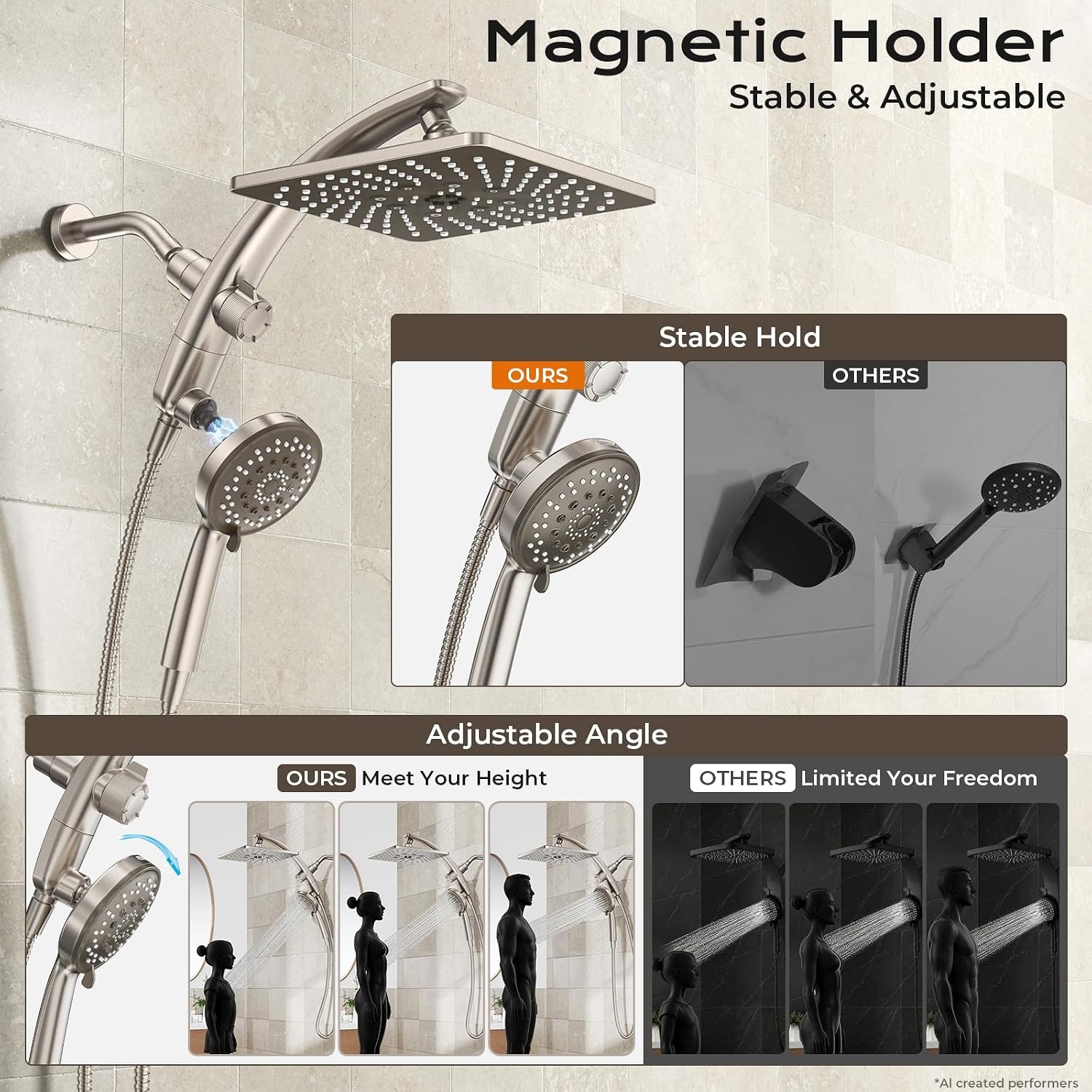 image:imageVeken 10 Square Shower Head with HandheldMultipatternPower JetMagneticStarlight