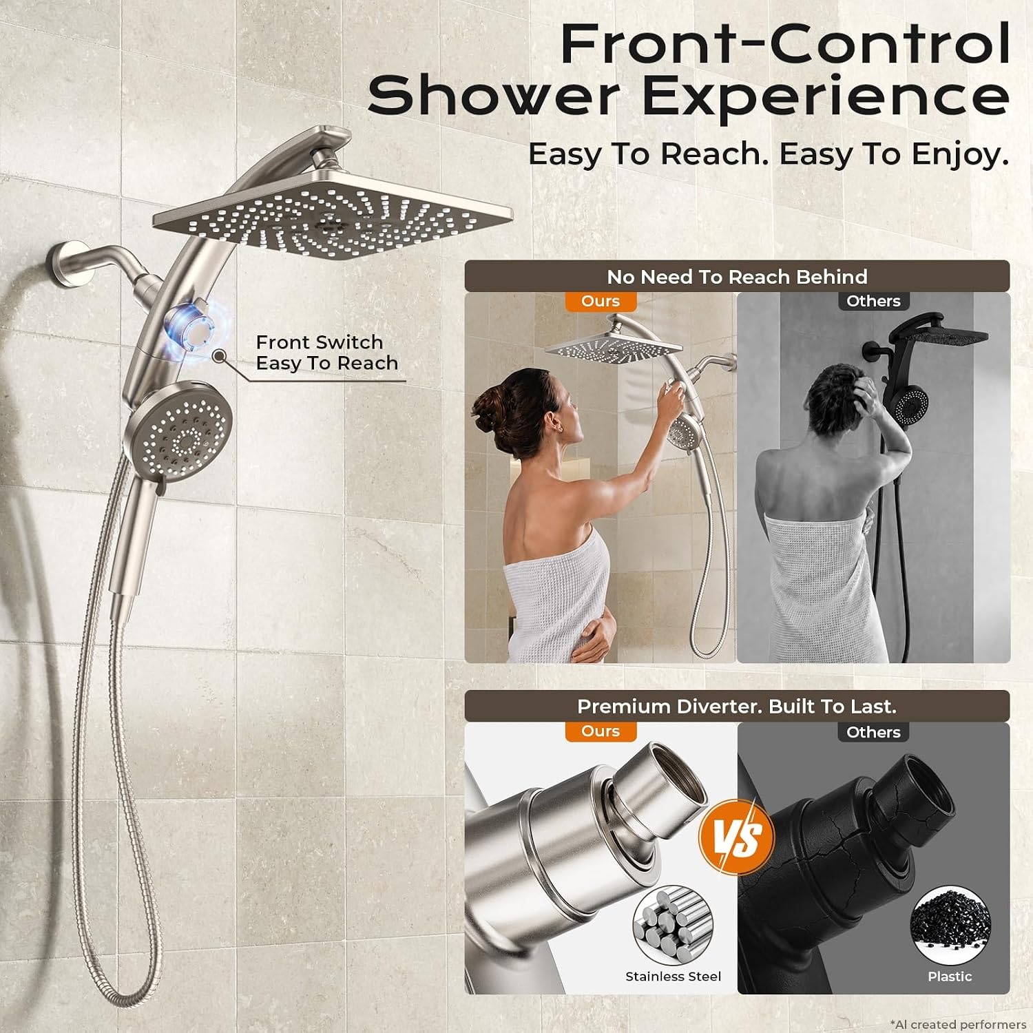 image:imageVeken 10 Square Shower Head with HandheldMultipatternPower JetMagneticStarlight
