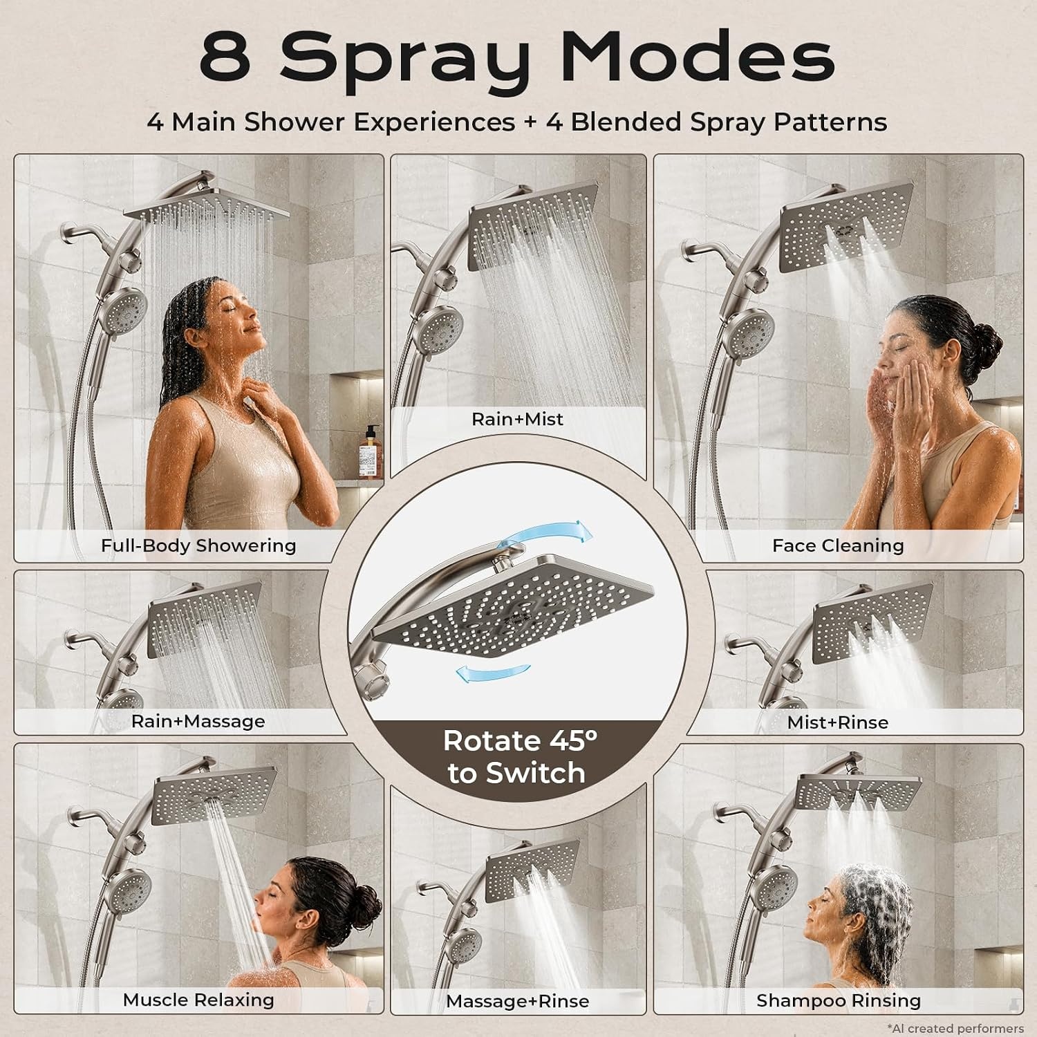 image:imageVeken 10 Square Shower Head with HandheldMultipatternPower JetMagneticStarlight