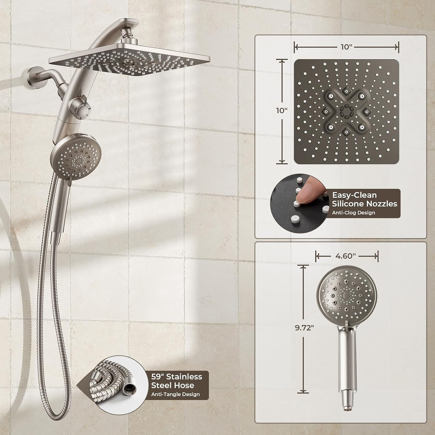 image:imageVeken 10 Square Shower Head with HandheldMultipatternPower JetMagneticStarlight