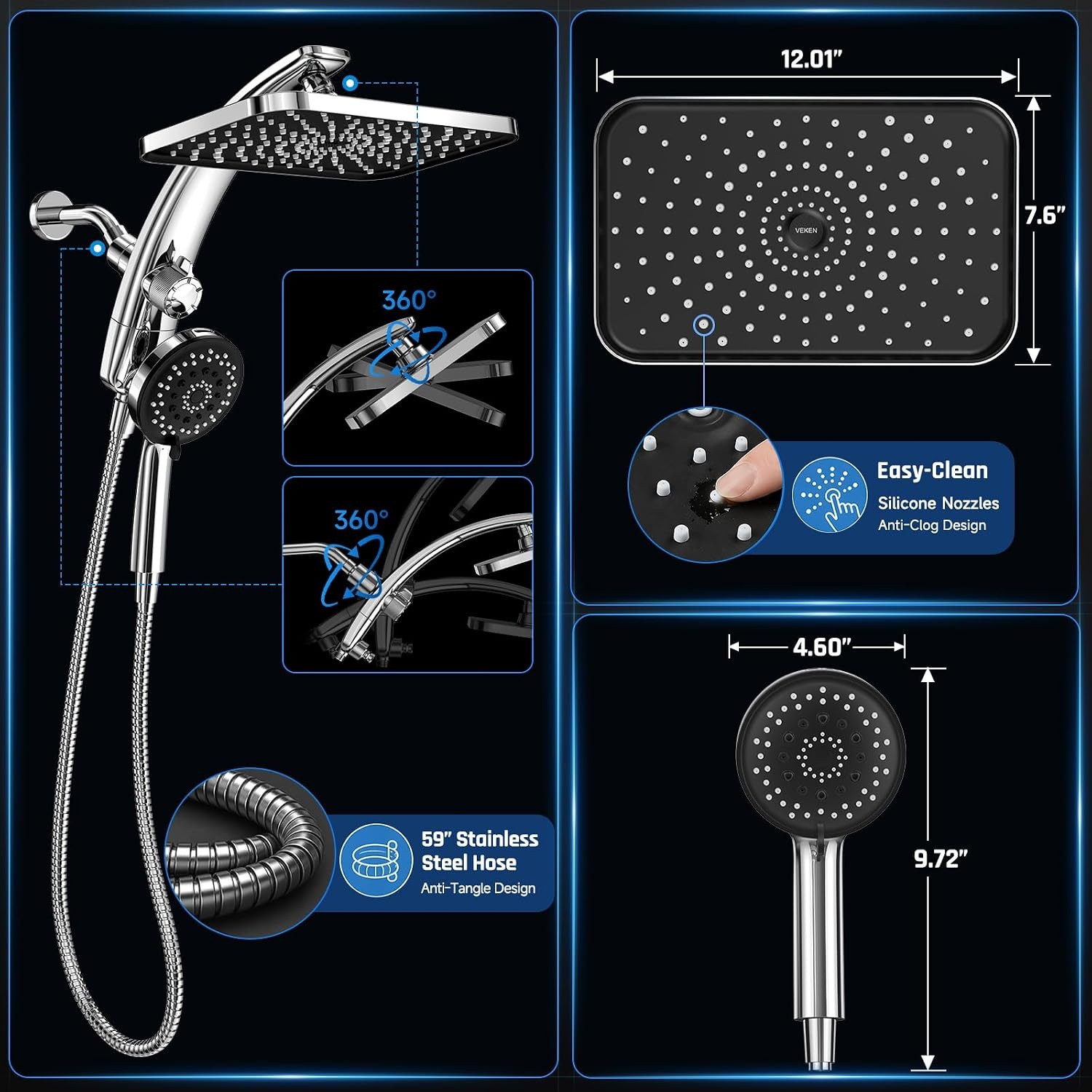 image:imageVeken 12 Rain Shower Head with HandheldHigh Pressure Power WashMagneticChrome