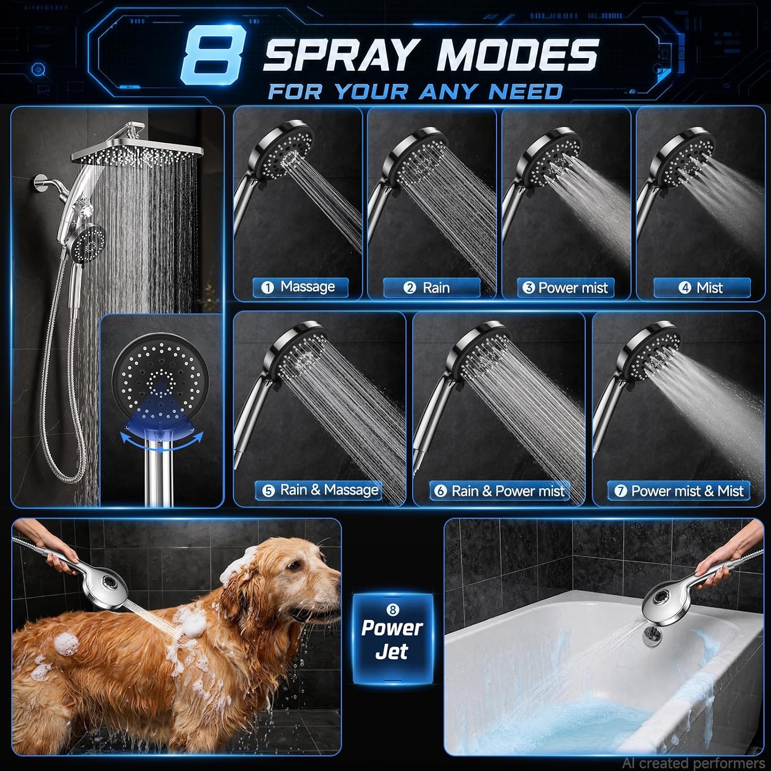 image:imageVeken 12 Rain Shower Head with HandheldHigh Pressure Power WashMagneticChrome