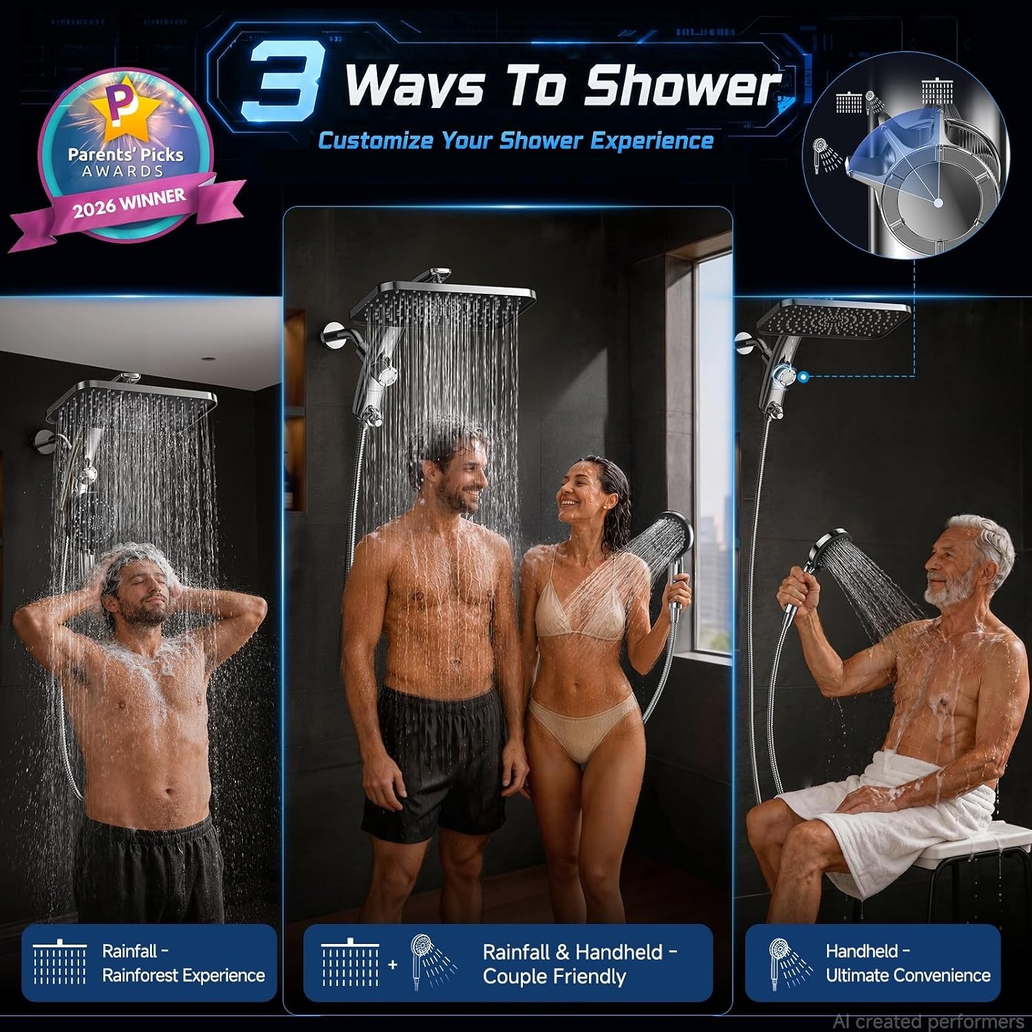 image:imageVeken 12 Rain Shower Head with HandheldHigh Pressure Power WashMagneticChrome