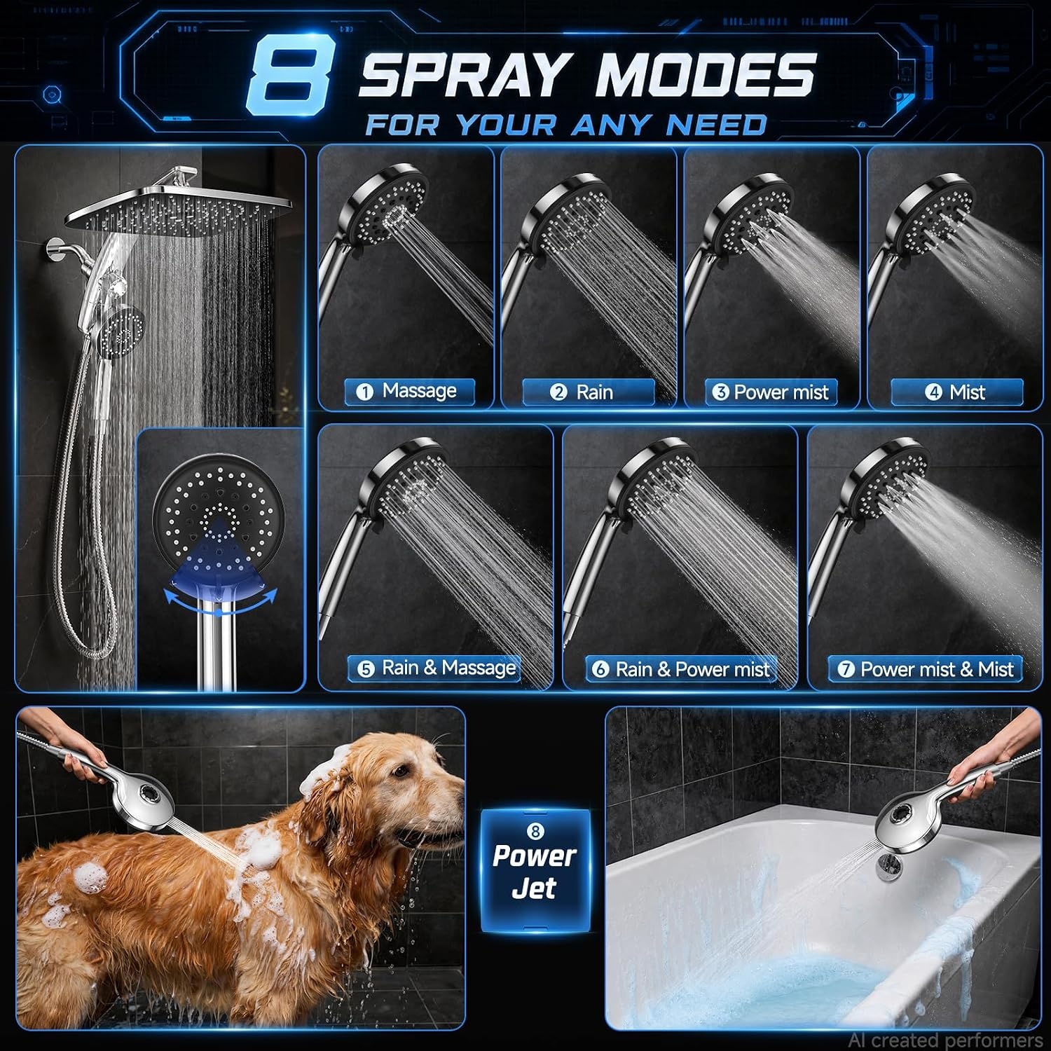 image:imageVeken 12 Rain Shower Head with HandheldHigh Pressure Power WashMagneticChrome
