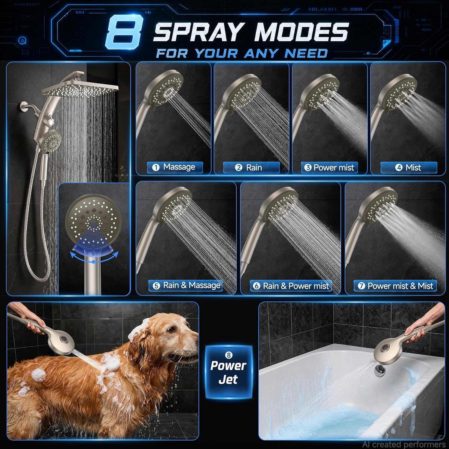 image:imageVeken 12 Rain Shower Head with HandheldHigh Pressure Power WashMagneticStarlight